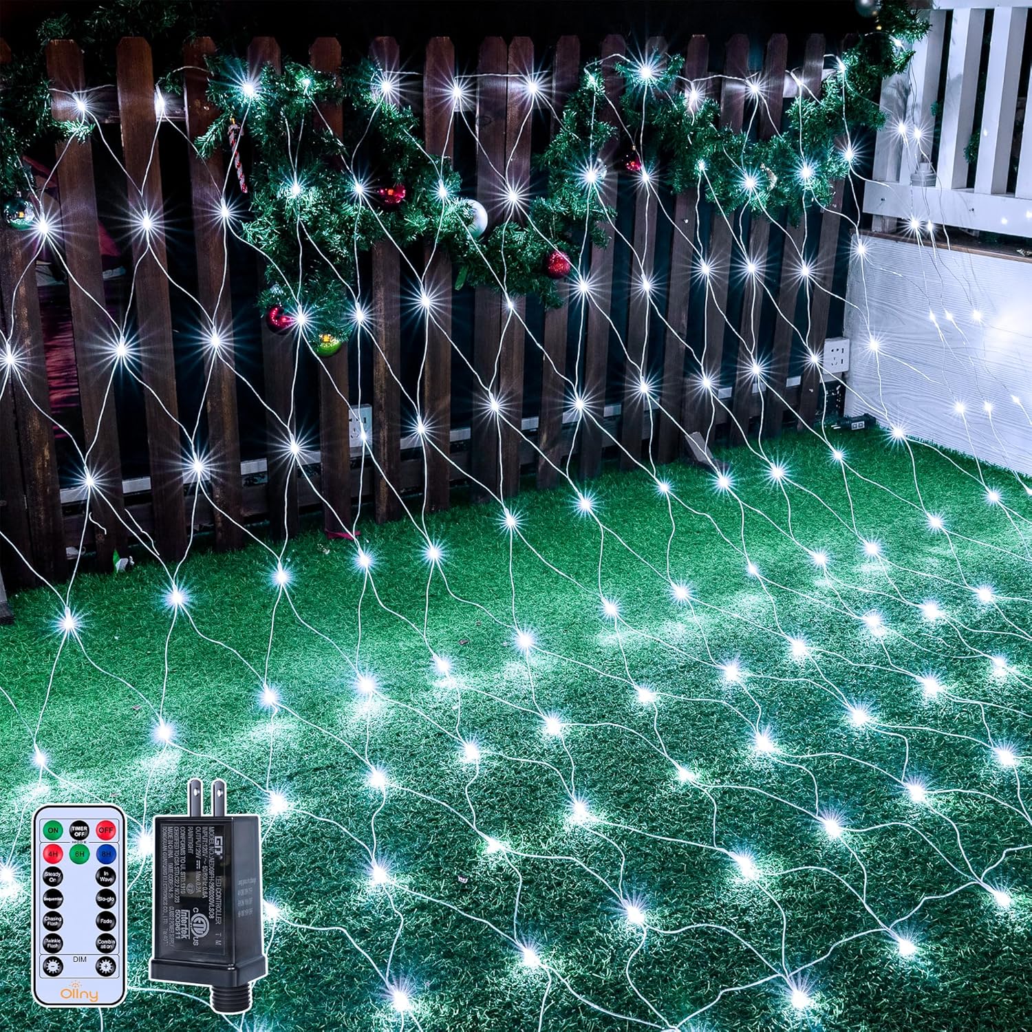 Ollny Net Lights Outdoor Mesh Light 10x7ft, 210LED Clear Wire Connectable Christmas Net Lights with 8 Modes, IP67 Waterproof Bush Light for Tree Wall Ceiling Outside Decorations, Warm White