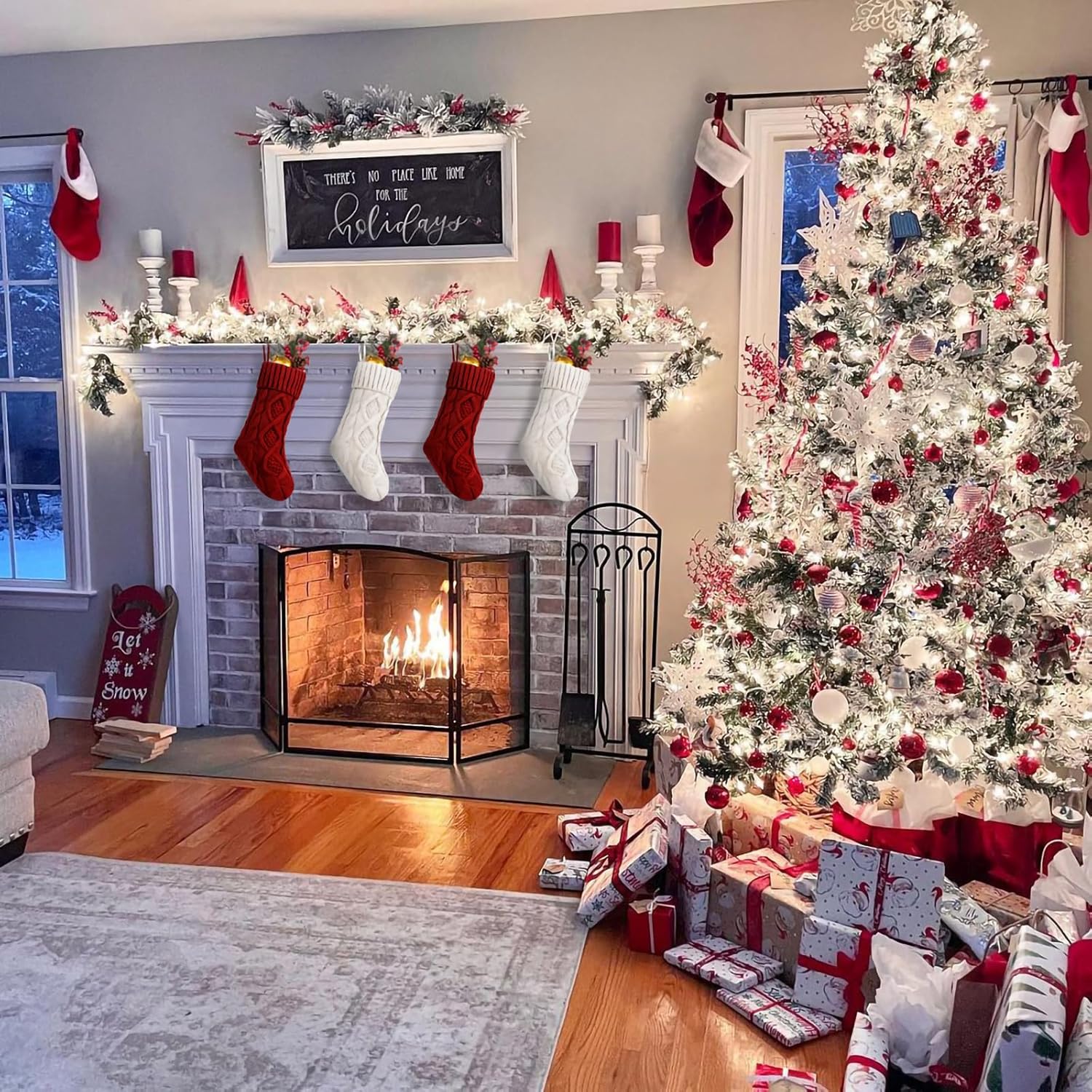 Fesciory 4 Pack Christmas Stockings 18 Inches Large Size Cable Knitted Stocking Gifts & Decorations for Family Holiday Xmas Party, Ivory White