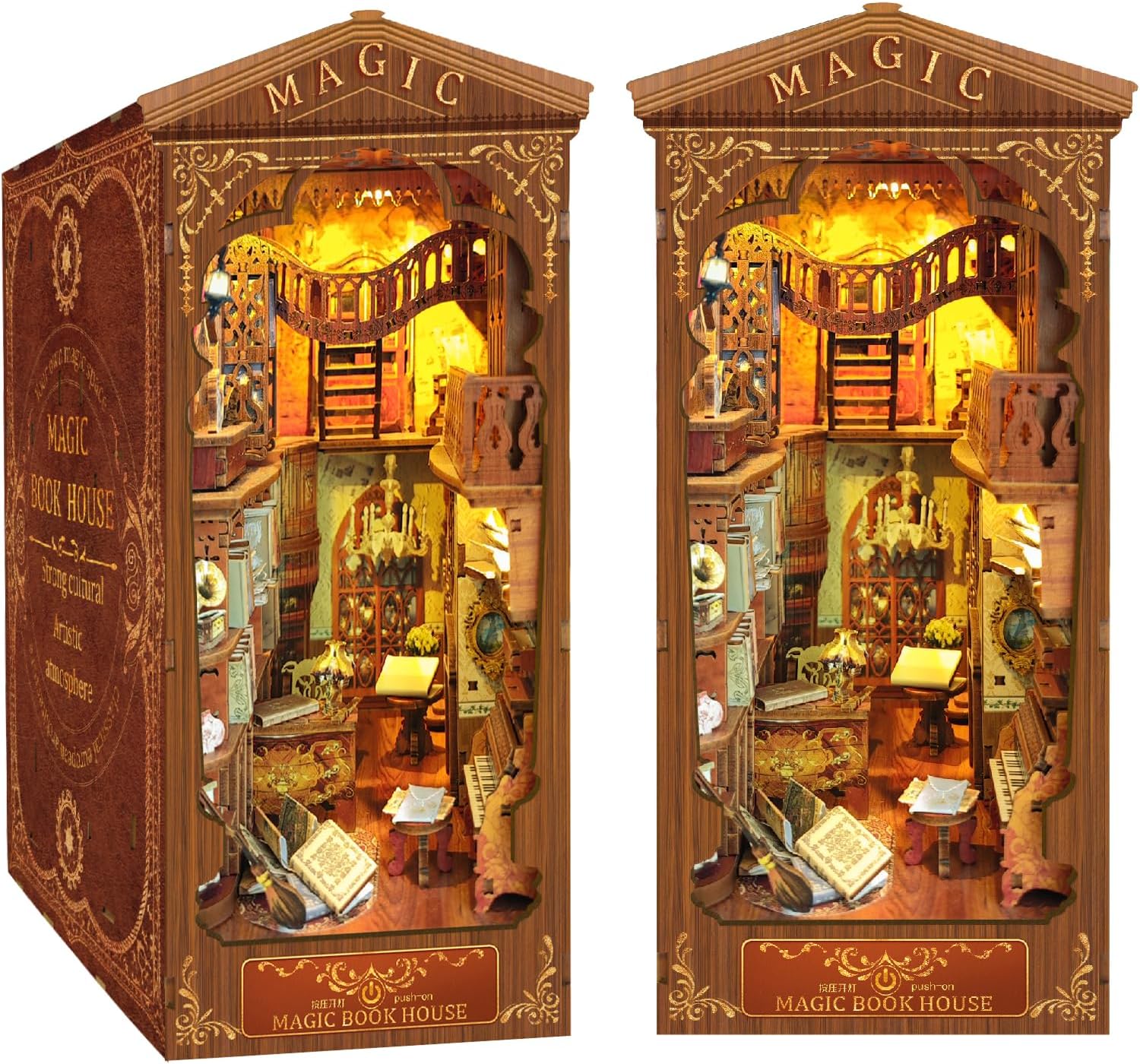 CRIOLPO Book Nook Kit - DIY Doll House Booknook, Book Nook Miniature Kit for Bookshelf Doll Houses for Adults Teen Halloween, 3D Wooden Puzzle Bookends with Sensor Led Light