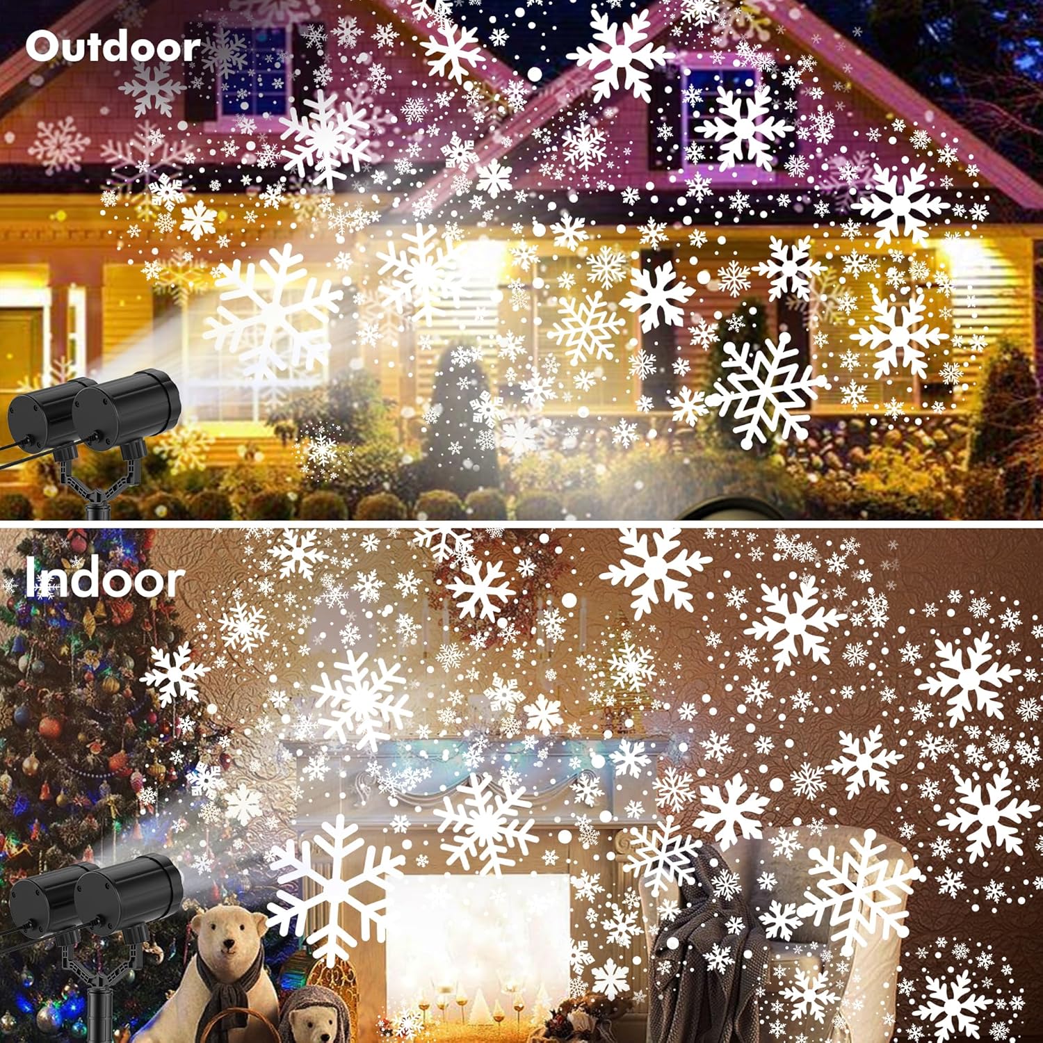 Christmas Projector Lights Outdoor, GUSODOR Dynamic Snowflake Projector IP65 Waterproof 360°Rotating LED Projection Lights for Indoor Outdoor Christmas Decoration, Holiday, Yard Decor-Dual-Head A
