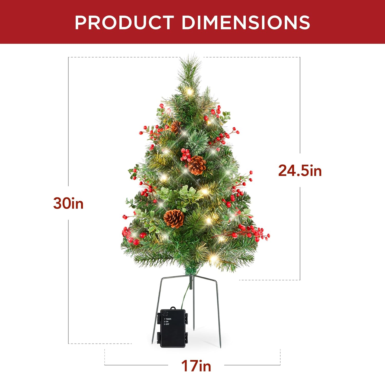Best Choice Products Set of 2 24.5in Outdoor Pathway Christmas Trees, Battery Operated Pre-Lit Holiday Décor w/LED Lights, Red Berries, Pine Cones