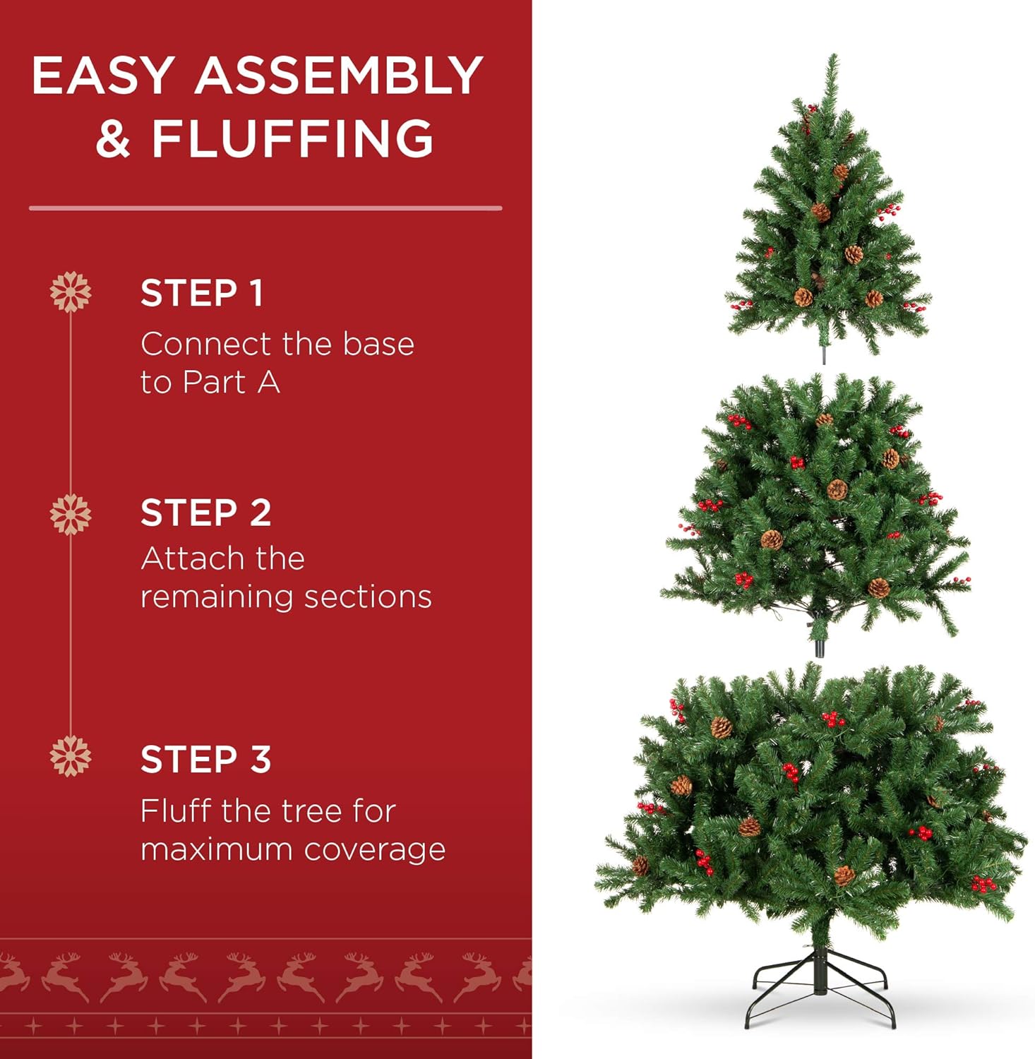 Best Choice Products 6ft Pre-Lit Pre-Decorated Spruce Hinged Artificial Christmas Tree w/ 798 Tips, Pinecones, Berries, 250 Lights, Metal Base