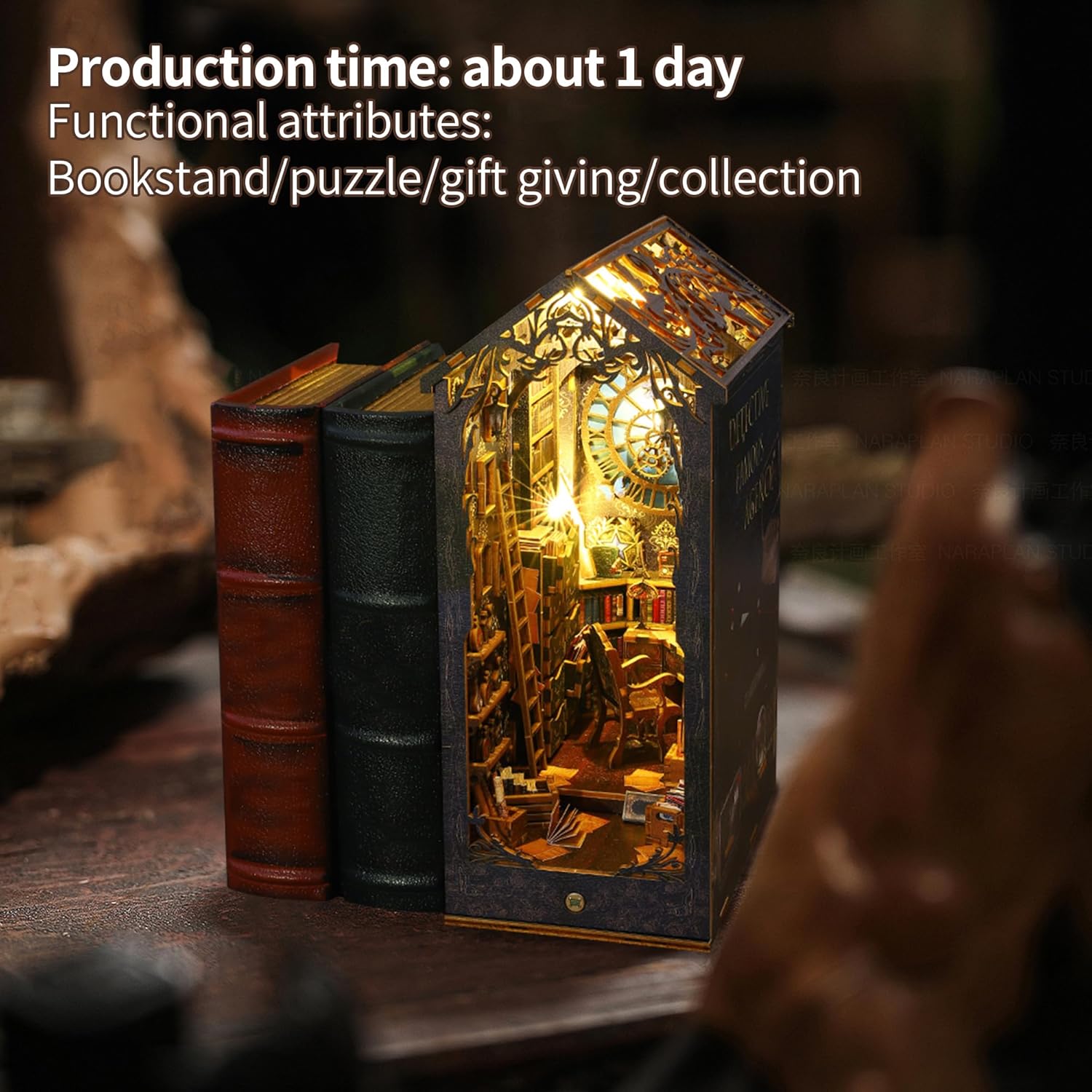 CRIOLPO Book Nook Kit - DIY Doll House Booknook, Book Nook Miniature Kit for Bookshelf Doll Houses for Adults Teen Halloween, 3D Wooden Puzzle Bookends with Sensor Led Light