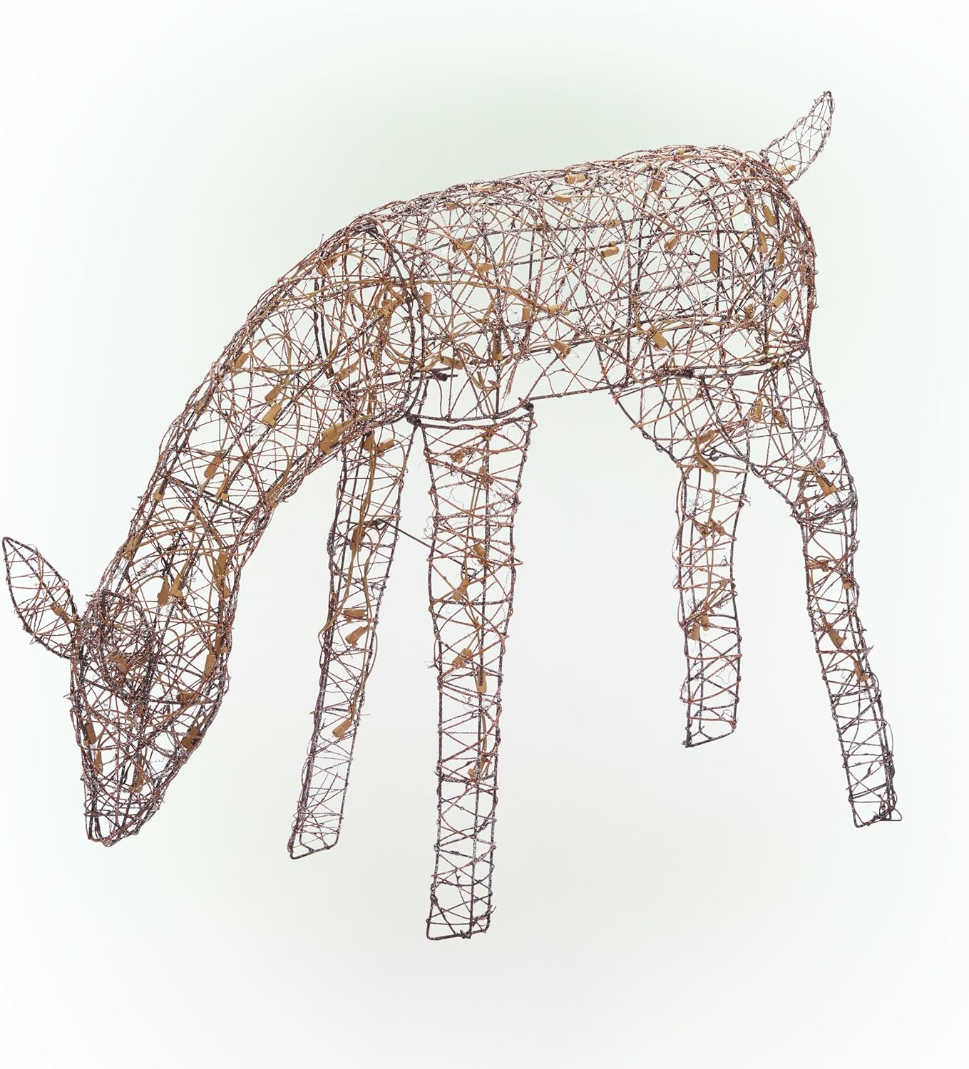 Alpine Corporation 24 Tall Outdoor Rattan Grazing Reindeer Lawn Decoration with White LED Lights, Christmas Yard Decor, Holiday Garden Display