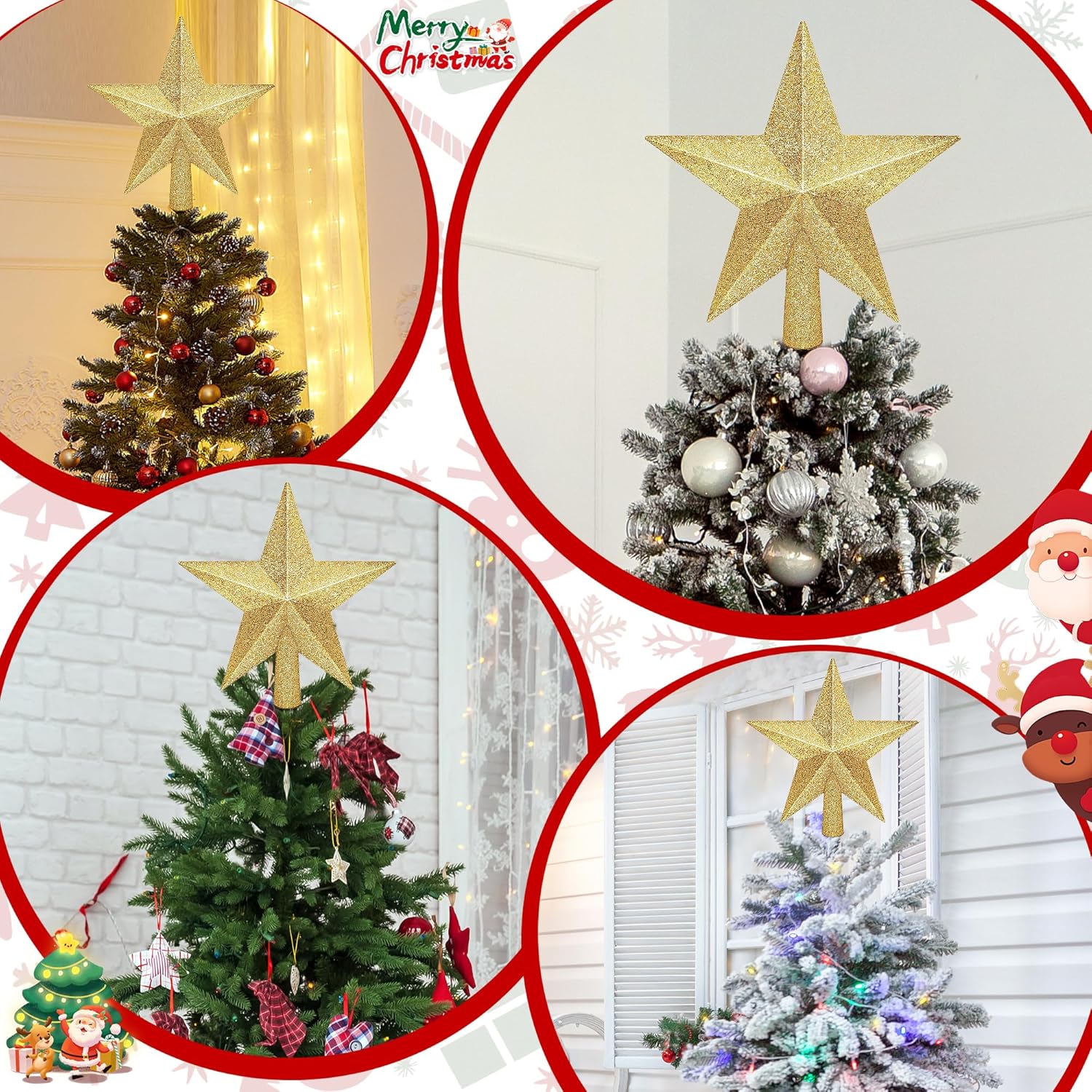 Christmas Tree Star Topper, 8 Gold Xmas Star Tree Decorations, 3D Shatterproof Bethlehem Star Tree Topper Decorations, Waterproof Christmas Tree Topper Decor for Holiday Home Outdoor Ornament