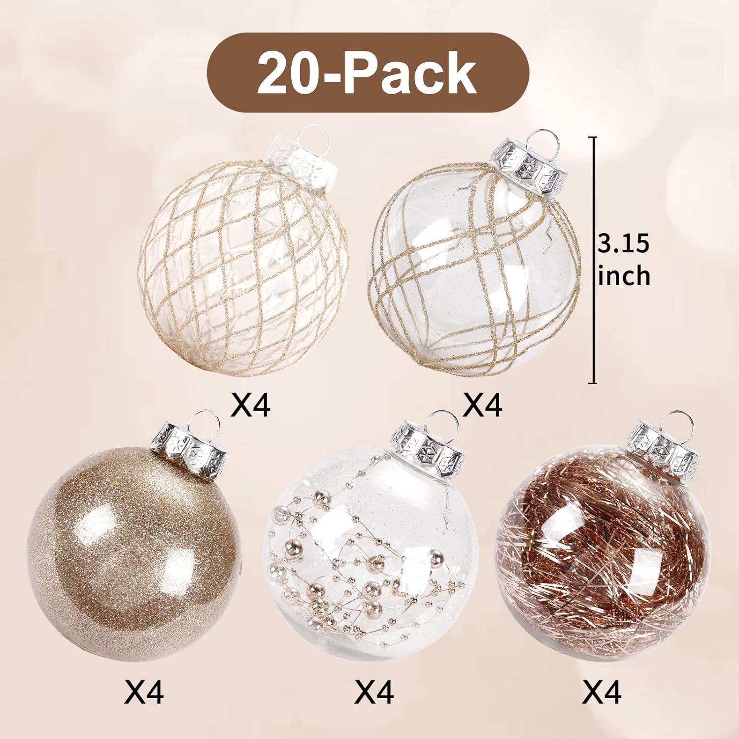 Clear Plastic Christmas Ball Ornaments, 30ct 2.36 Inch Champagne Balls for Tree Decoration - Shatterproof for Holiday Wedding Party Gifts