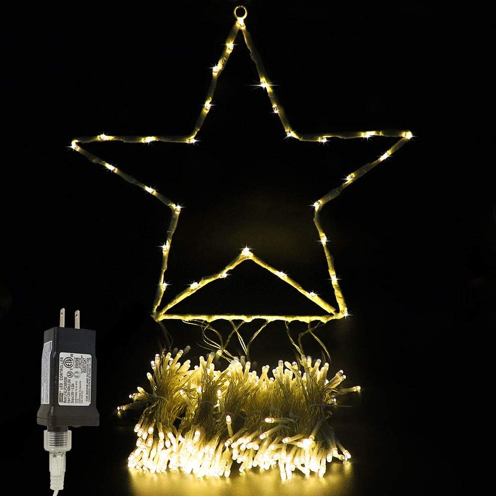 PUHONG Christmas Lights, Decorations Star Lights, 320 LED Christmas Tree Lights Outdoor, 16.4Ft String Lights, 8 Light Modes with 12 Lighted Star for Xmas New Year (Iron-Multicolor)