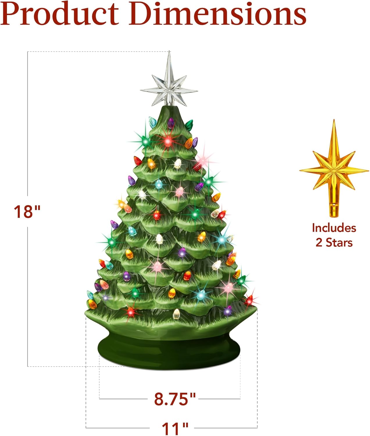 Best Choice Products 18in Large Ceramic Christmas Tree, Pre-lit Hand-Painted Tabletop Holiday Decoration w/Power Cord, 2 Star, 93 Multicolored Bulbs, LED Lights - Green