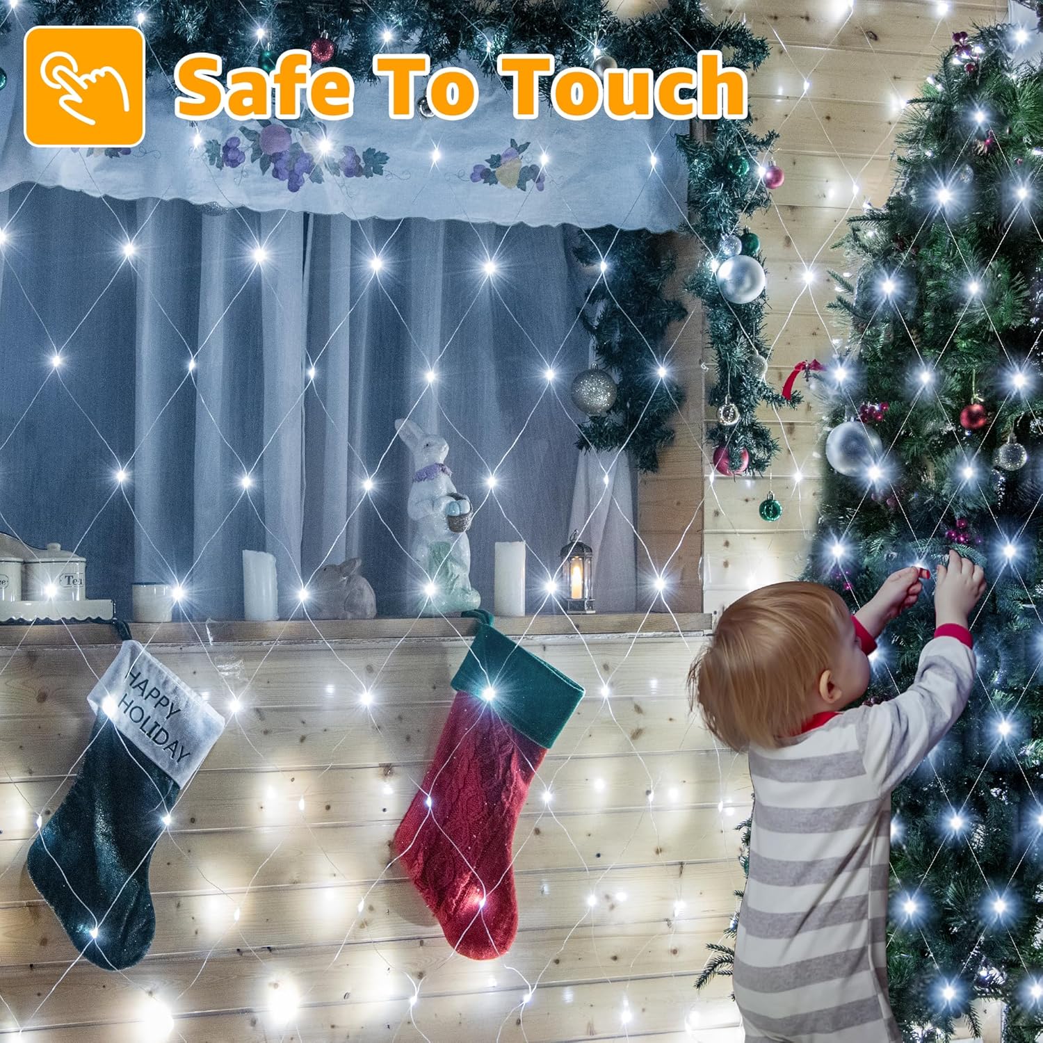 Ollny Net Lights Outdoor Mesh Light 10x7ft, 210LED Clear Wire Connectable Christmas Net Lights with 8 Modes, IP67 Waterproof Bush Light for Tree Wall Ceiling Outside Decorations, Warm White