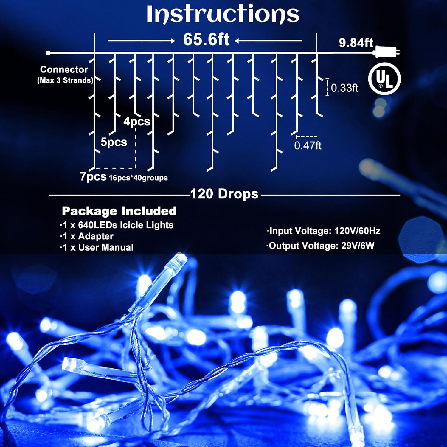 66ft Icicle Lights for Outside - 640 LED Christmas Lights Outdoor with 120 Drops 8 Modes, Plug in Twinkle Light Outside for Holiday Wedding Party Tree Room Indoor Thanksgiving Decoration, Warm White