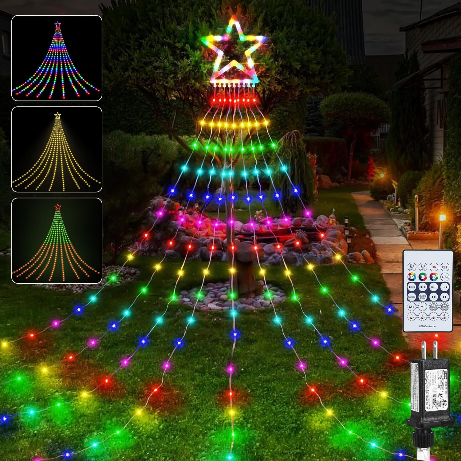 PUHONG Christmas Lights, Decorations Star Lights, 320 LED Christmas Tree Lights Outdoor, 16.4Ft String Lights, 8 Light Modes with 12 Lighted Star for Xmas New Year (Iron-Multicolor)