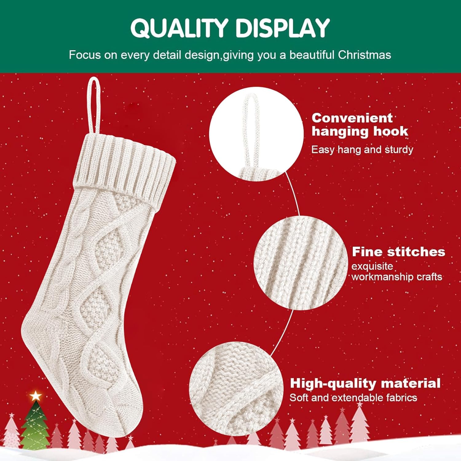 Fesciory 4 Pack Christmas Stockings 18 Inches Large Size Cable Knitted Stocking Gifts & Decorations for Family Holiday Xmas Party, Ivory White