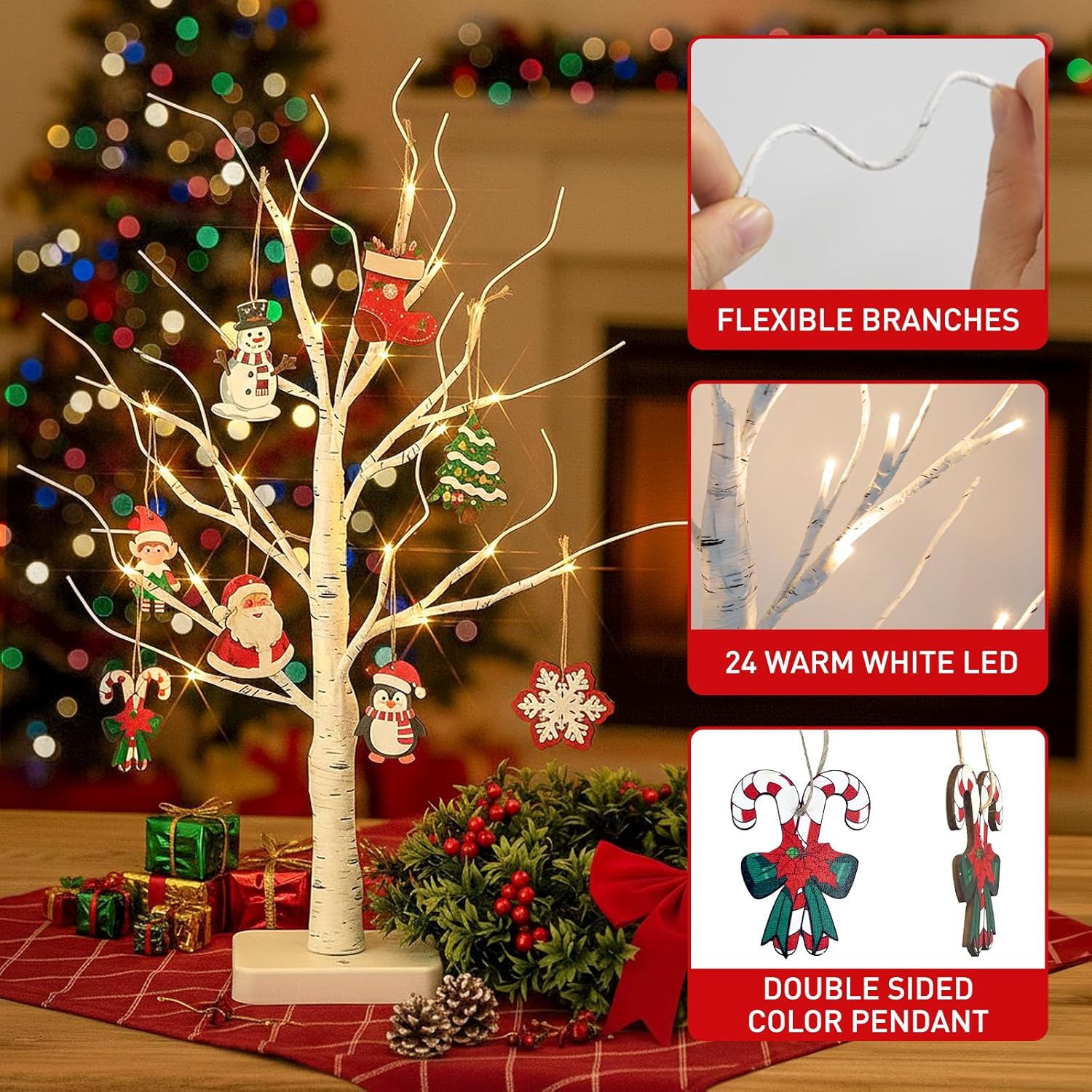EAMBRITE Home Decorations Light Up White Birch Tree Indoor Christmas Decor, 4 Pack Battery Operated/USB Lighted Tabletop Money Tree Lamp Led Lights Xmas Wedding Centerpiece Table Room (2 Ft)