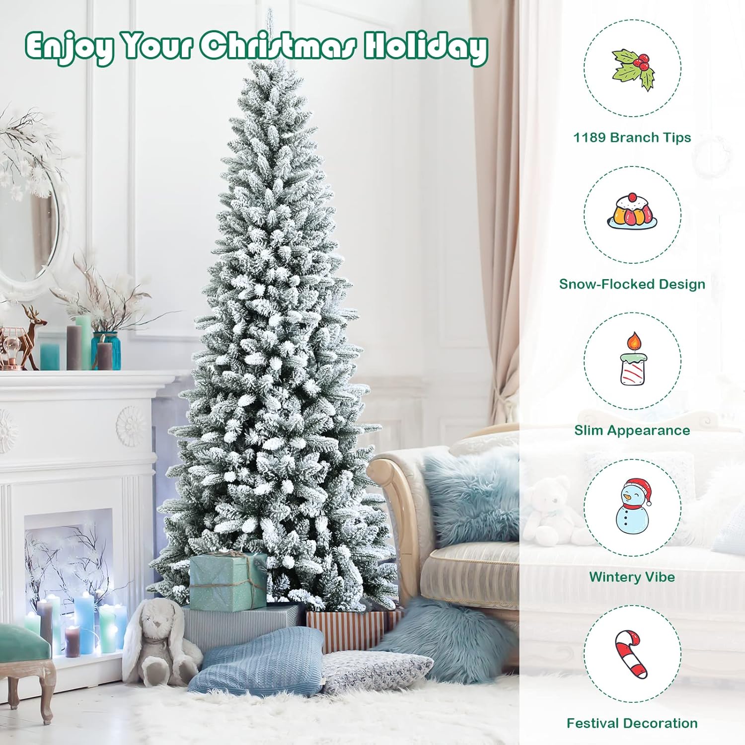 Goplus 8ft Artificial Christmas Tree, Unlit Christmas Pine Tree with 1138 PVC Branch Tips, Foldable Metal Stand, Xmas Full Tree for Indoor Home Office Decor