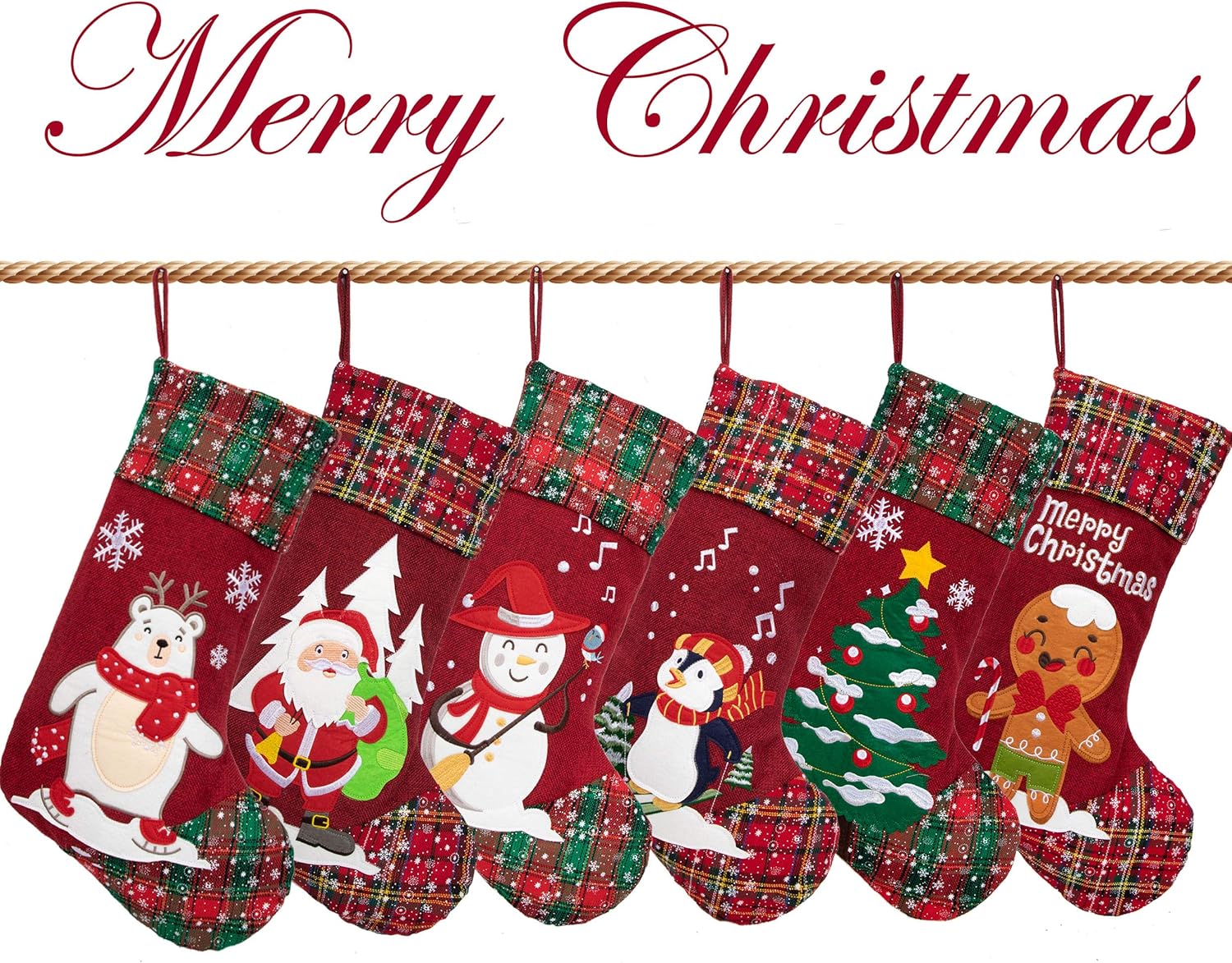 LUBOT Set of 8 Christmas Stocking(20inch) Silhouette Buffalo Red Plaid/Rustic/Farmhouse/Country Cotton Fireplace Hanging Xmas Stockings Decorations for Family Holiday Season Decor