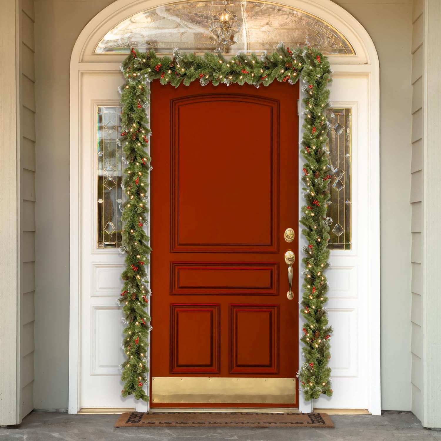 National Tree Company 9 ft Pre-Lit Crestwood Spruce Artificial Christmas Garland, Christmas Decoration with Glitter, Pinecones, Red Berries, 50 Warm White LED Lights, 180 Tips, Timer, Green