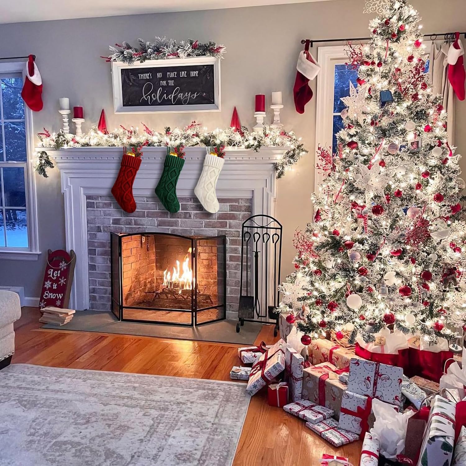 Fesciory 4 Pack Christmas Stockings 18 Inches Large Size Cable Knitted Stocking Gifts & Decorations for Family Holiday Xmas Party, Ivory White