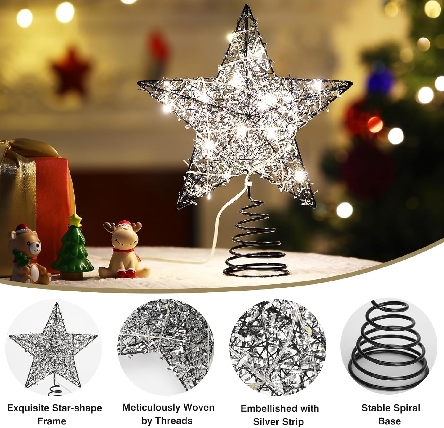 Roylvan Christmas Star Tree Topper with 8 Lighting Modes, USB Lighted Tree Topper with 20 LED Lights, Shiny Treetop Christmas Tree Decoration for Indoor Outdoor Holiday Home Ornament Gift, 9.8 Inch(H)