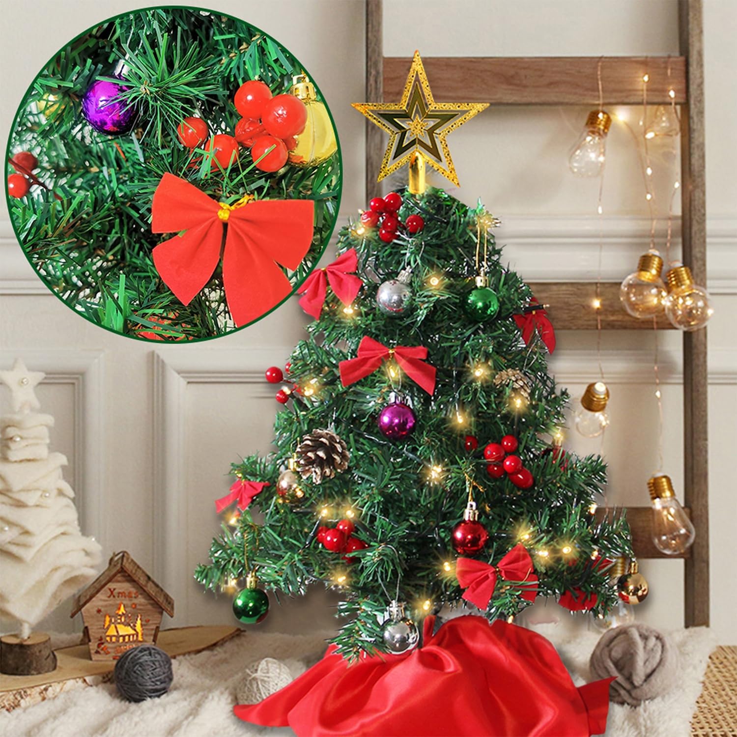 Juegoal 24 Inch Mini Christmas Tree Set, Table Top Artificial Christmas Trees with 50 LED Lights, Ornaments and Red Berries, Best DIY Christmas Decorations