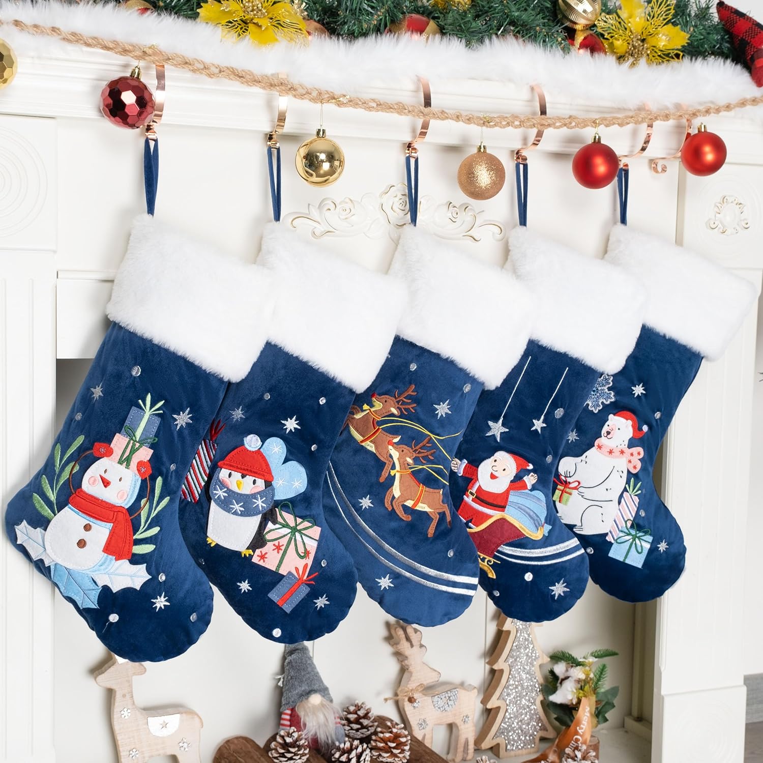 LUBOT Set of 8 Christmas Stocking(20inch) Silhouette Buffalo Red Plaid/Rustic/Farmhouse/Country Cotton Fireplace Hanging Xmas Stockings Decorations for Family Holiday Season Decor