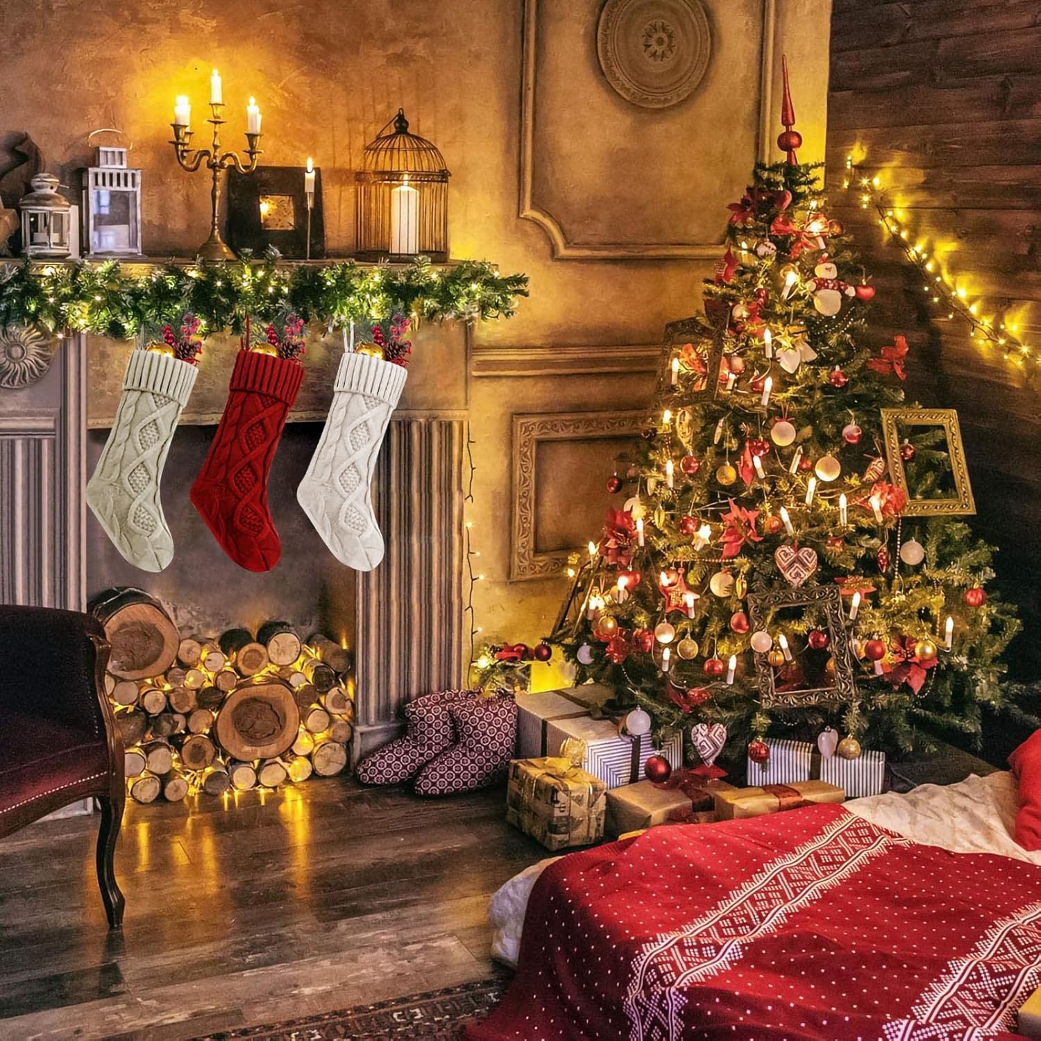 Fesciory 4 Pack Christmas Stockings 18 Inches Large Size Cable Knitted Stocking Gifts & Decorations for Family Holiday Xmas Party, Ivory White