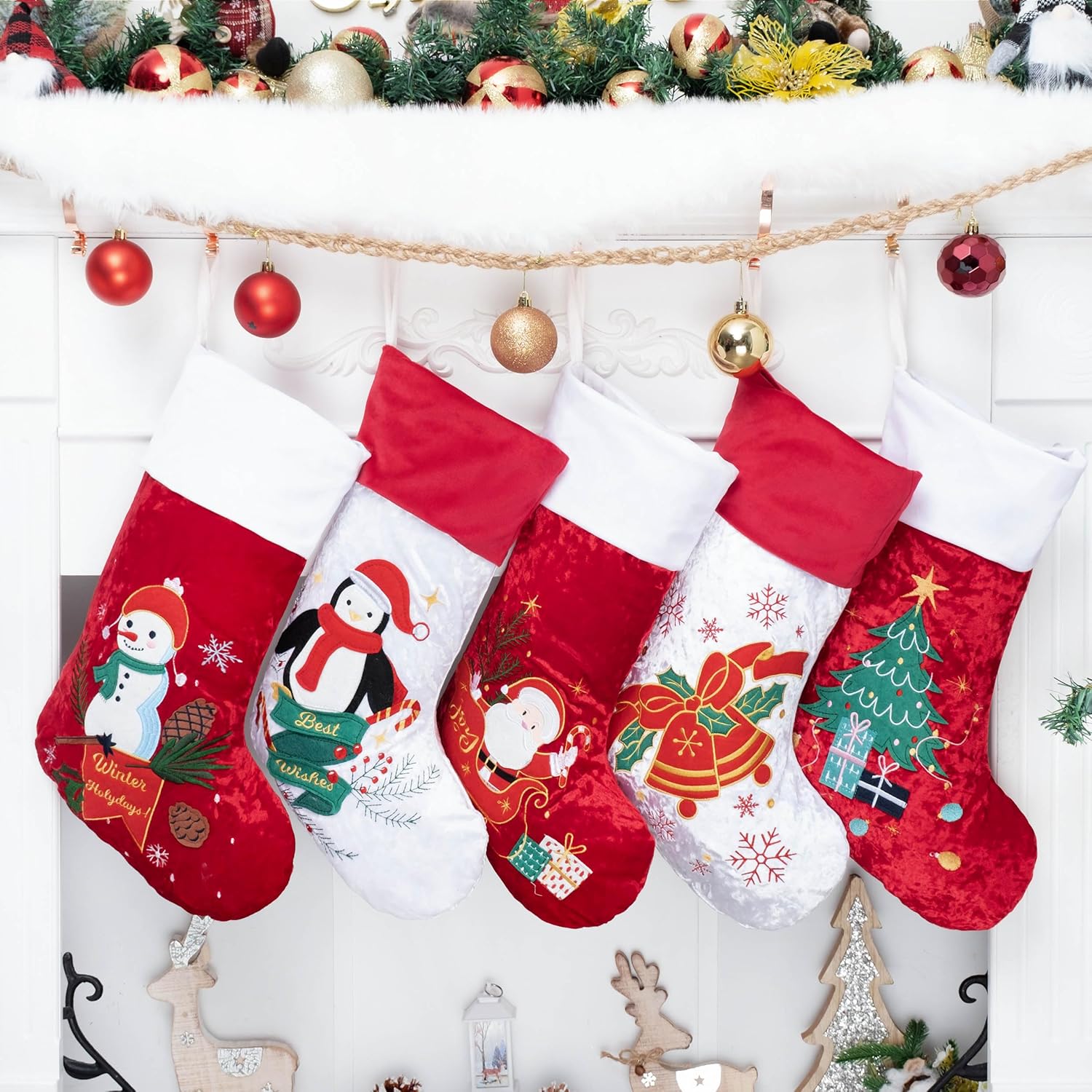 LUBOT Set of 8 Christmas Stocking(20inch) Silhouette Buffalo Red Plaid/Rustic/Farmhouse/Country Cotton Fireplace Hanging Xmas Stockings Decorations for Family Holiday Season Decor