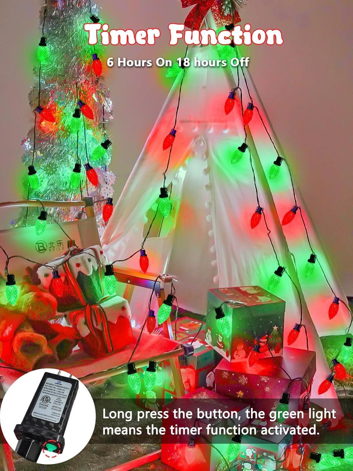 2-Pack Extentable C9 Christmas Lights Outdoor Indoor, 66 FT 100 LED Christmas String Lights Plug in with 8 Modes & Timer, Waterproof Fairy Twinkle Light for Xmas Tree Yard Decorations (Multi-Colored)