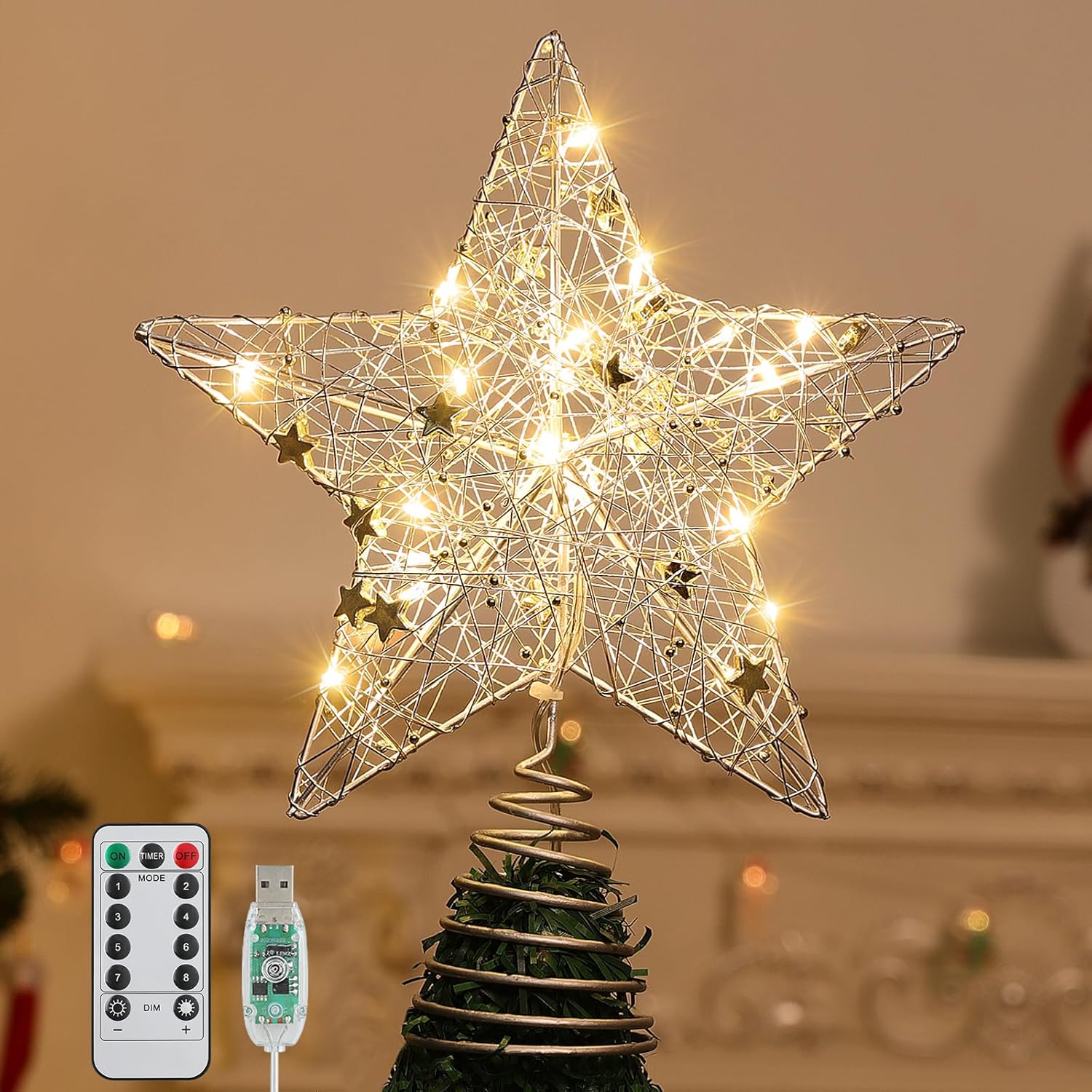 Roylvan Christmas Star Tree Topper with 8 Lighting Modes, USB Lighted Tree Topper with 20 LED Lights, Shiny Treetop Christmas Tree Decoration for Indoor Outdoor Holiday Home Ornament Gift, 9.8 Inch(H)