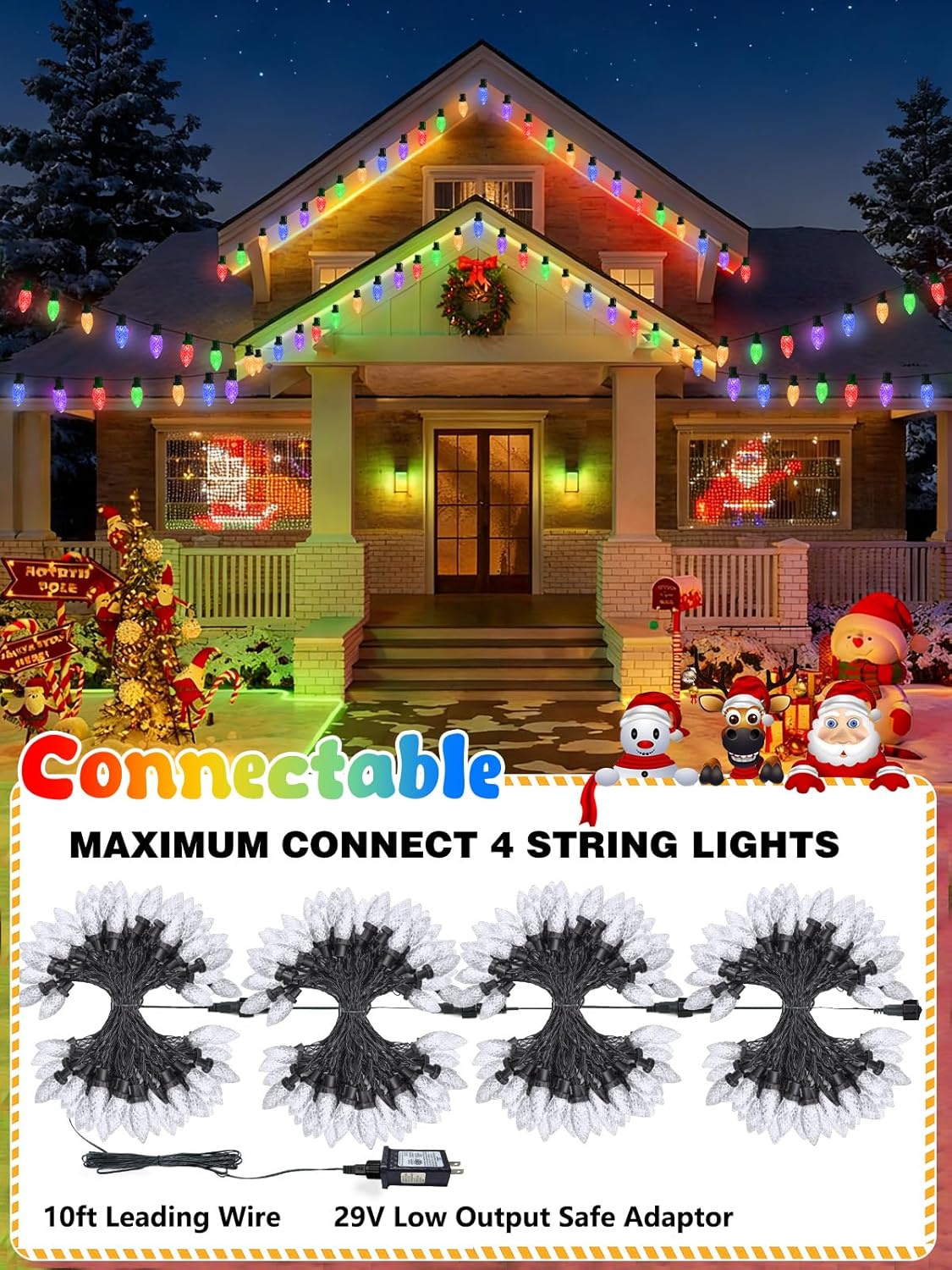 2-Pack Extentable C9 Christmas Lights Outdoor Indoor, 66 FT 100 LED Christmas String Lights Plug in with 8 Modes & Timer, Waterproof Fairy Twinkle Light for Xmas Tree Yard Decorations (Multi-Colored)