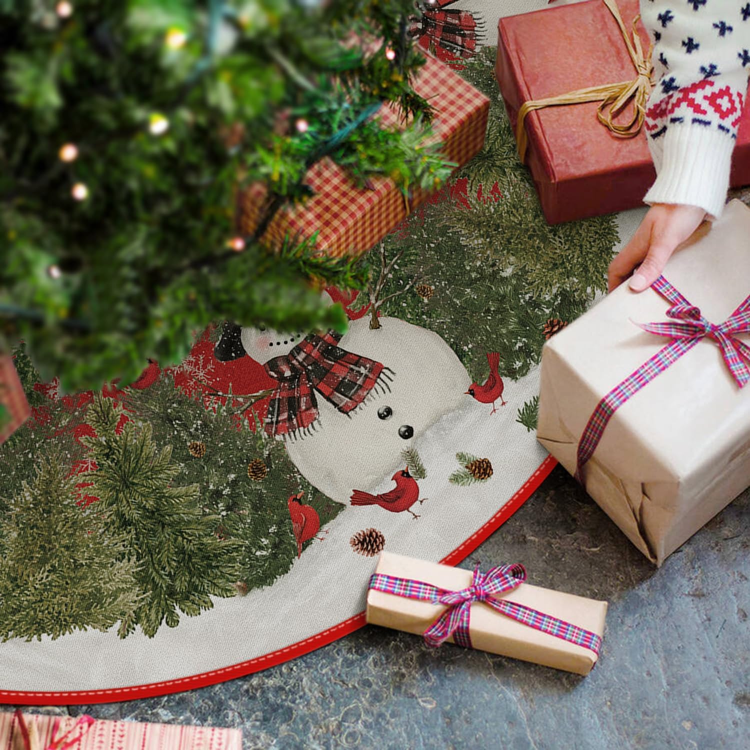 Cardinals Cedar Snowman with Scarf Christmas Tree Skirt, Xmas Winter Holiday Party Tree Mat Indoor Outdoor Decoration 36 Inch