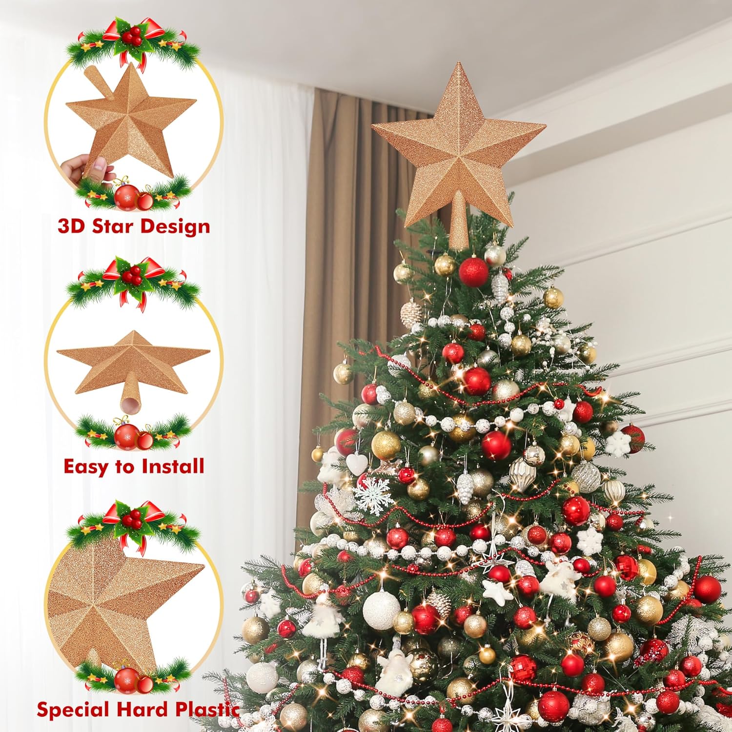 Christmas Tree Star Topper, 8 Gold Xmas Star Tree Decorations, 3D Shatterproof Bethlehem Star Tree Topper Decorations, Waterproof Christmas Tree Topper Decor for Holiday Home Outdoor Ornament