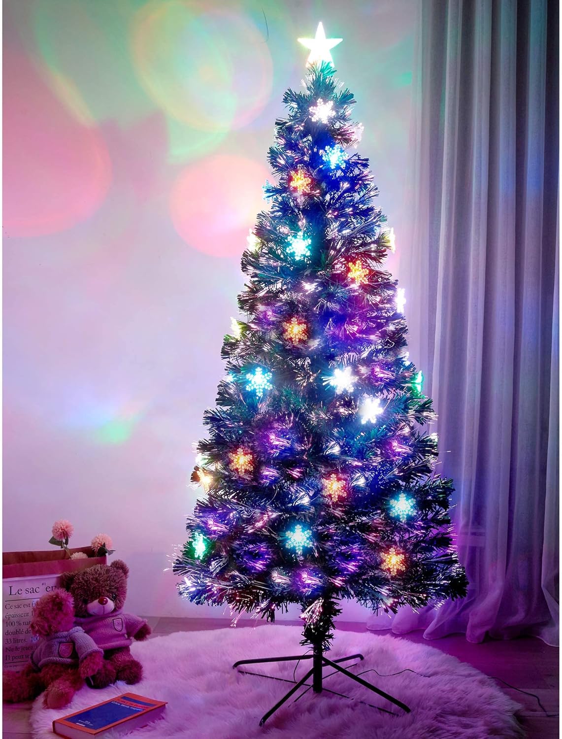 Juegoal 6 ft Pre-Lit Optical Fiber Christmas Artificial Tree, RGB Color Changing LED Lights, Snowflakes & Top Star, Fake Xmas Tree with Metal Legs