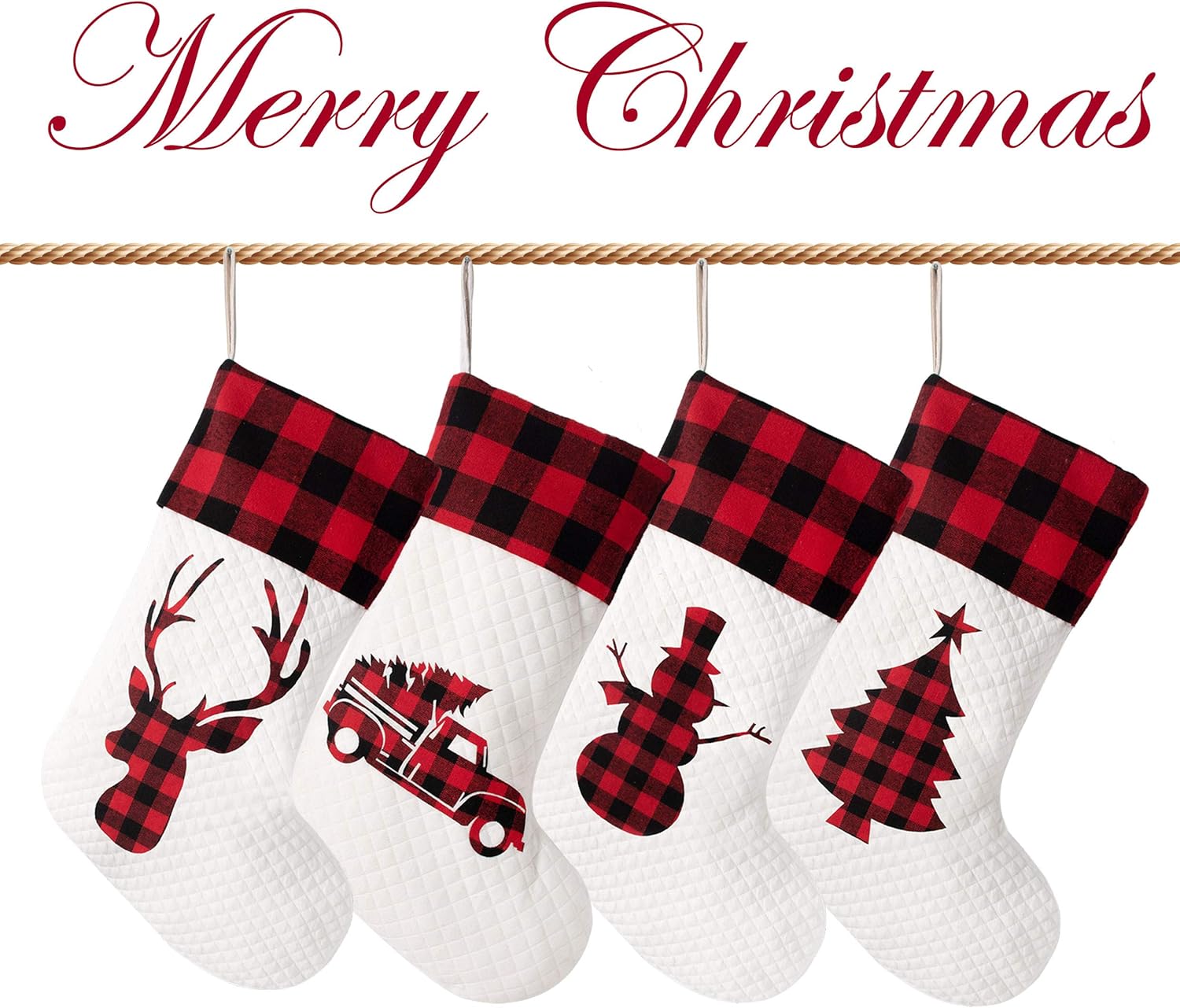 LUBOT Set of 8 Christmas Stocking(20inch) Silhouette Buffalo Red Plaid/Rustic/Farmhouse/Country Cotton Fireplace Hanging Xmas Stockings Decorations for Family Holiday Season Decor