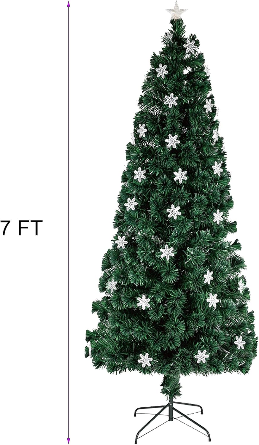 Juegoal 6 ft Pre-Lit Optical Fiber Christmas Artificial Tree, RGB Color Changing LED Lights, Snowflakes & Top Star, Fake Xmas Tree with Metal Legs