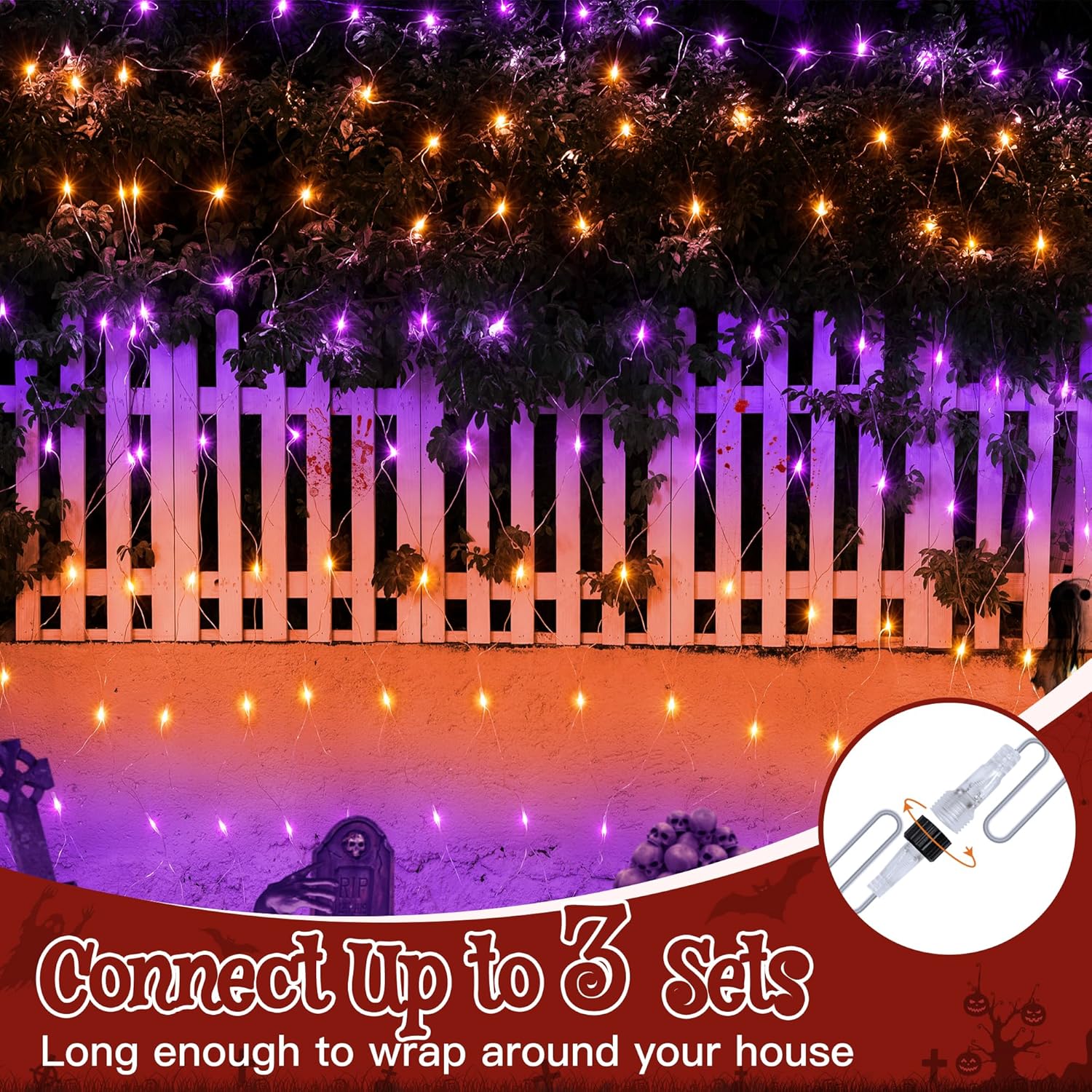 Ollny Net Lights Outdoor Mesh Light 10x7ft, 210LED Clear Wire Connectable Christmas Net Lights with 8 Modes, IP67 Waterproof Bush Light for Tree Wall Ceiling Outside Decorations, Warm White