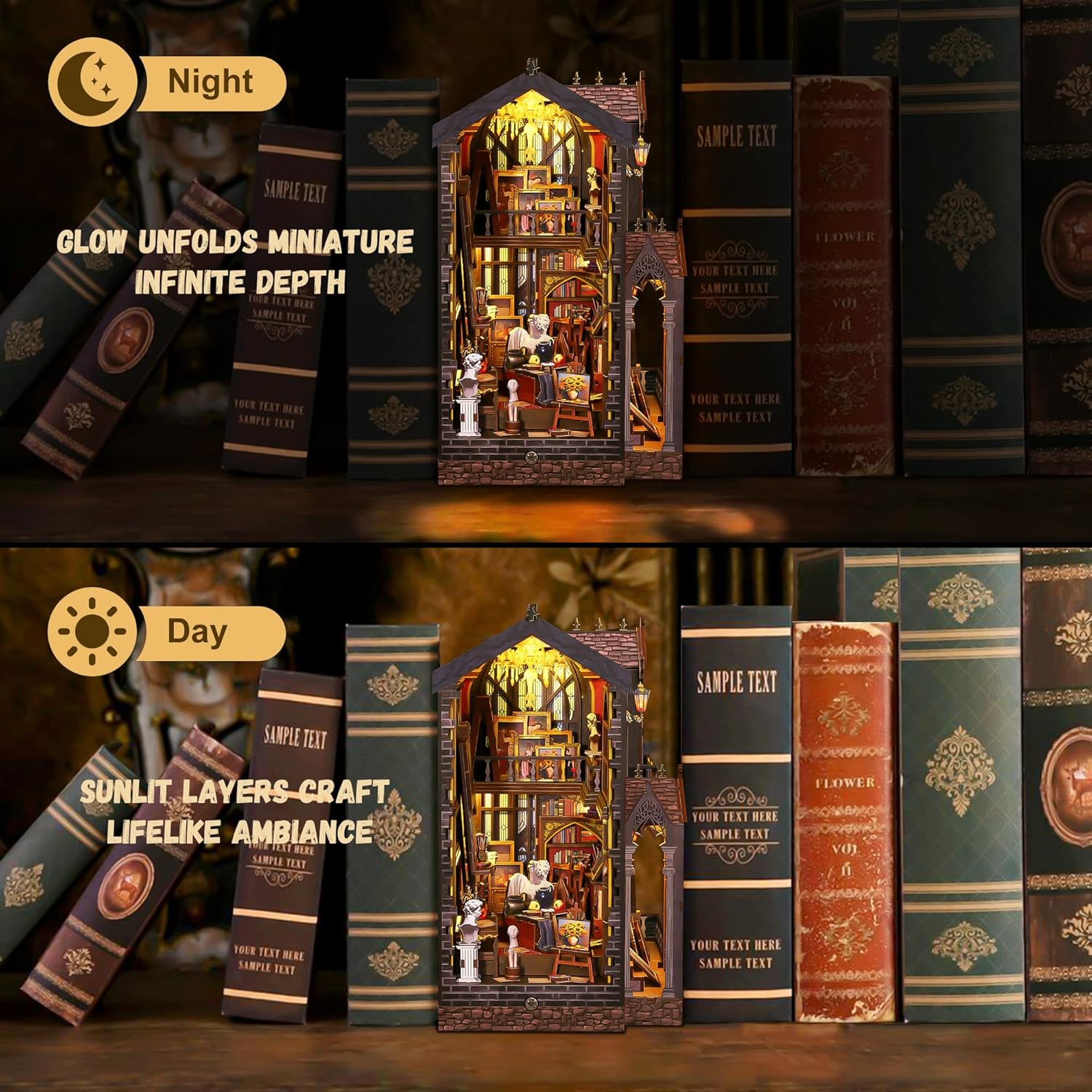 CRIOLPO Book Nook Kit - DIY Doll House Booknook, Book Nook Miniature Kit for Bookshelf Doll Houses for Adults Teen Halloween, 3D Wooden Puzzle Bookends with Sensor Led Light