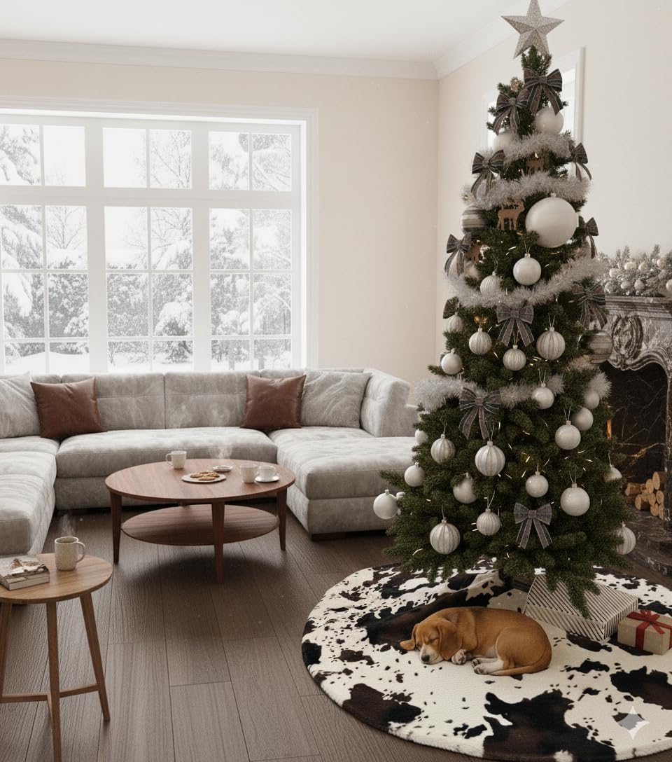 60 Inch Cow Faux Fur Christmas Tree Skirt Holiday Decor for Xmas Tree, Festive Party, Home Decorations