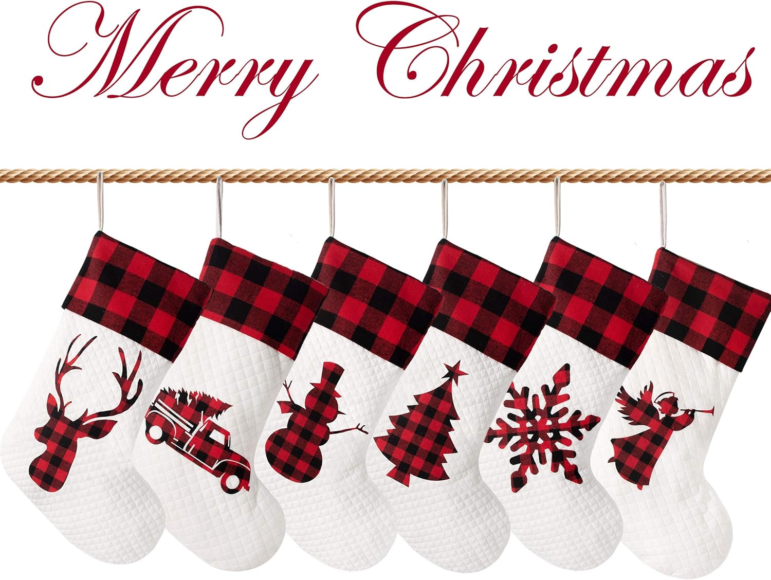 LUBOT Set of 8 Christmas Stocking(20inch) Silhouette Buffalo Red Plaid/Rustic/Farmhouse/Country Cotton Fireplace Hanging Xmas Stockings Decorations for Family Holiday Season Decor