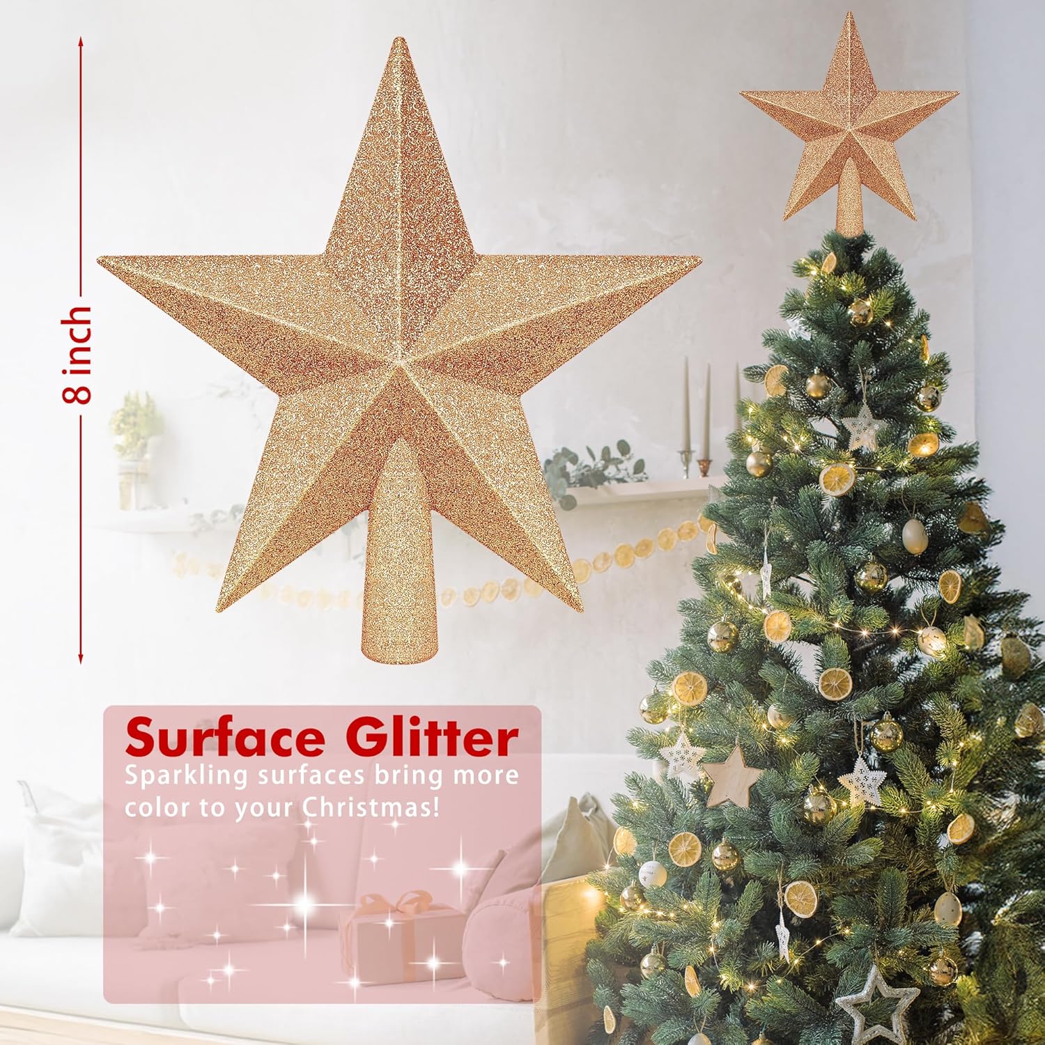 Christmas Tree Star Topper, 8 Gold Xmas Star Tree Decorations, 3D Shatterproof Bethlehem Star Tree Topper Decorations, Waterproof Christmas Tree Topper Decor for Holiday Home Outdoor Ornament