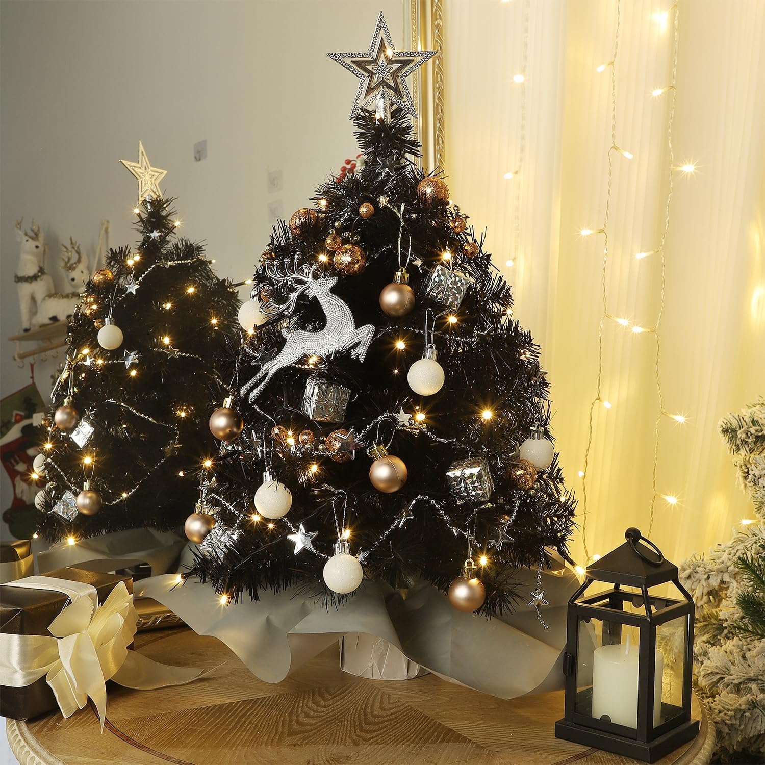 Juegoal 24 Inch Mini Christmas Tree Set, Table Top Artificial Christmas Trees with 50 LED Lights, Ornaments and Red Berries, Best DIY Christmas Decorations