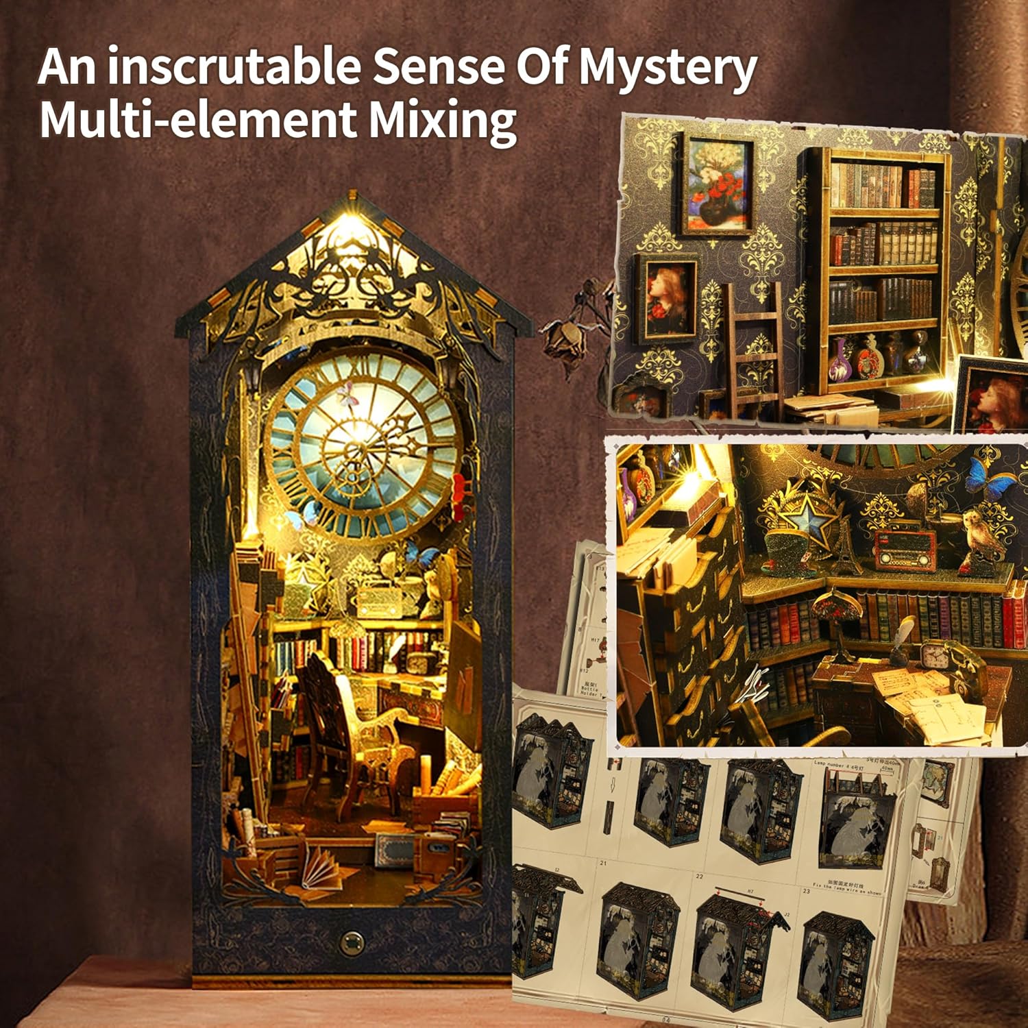 CRIOLPO Book Nook Kit - DIY Doll House Booknook, Book Nook Miniature Kit for Bookshelf Doll Houses for Adults Teen Halloween, 3D Wooden Puzzle Bookends with Sensor Led Light