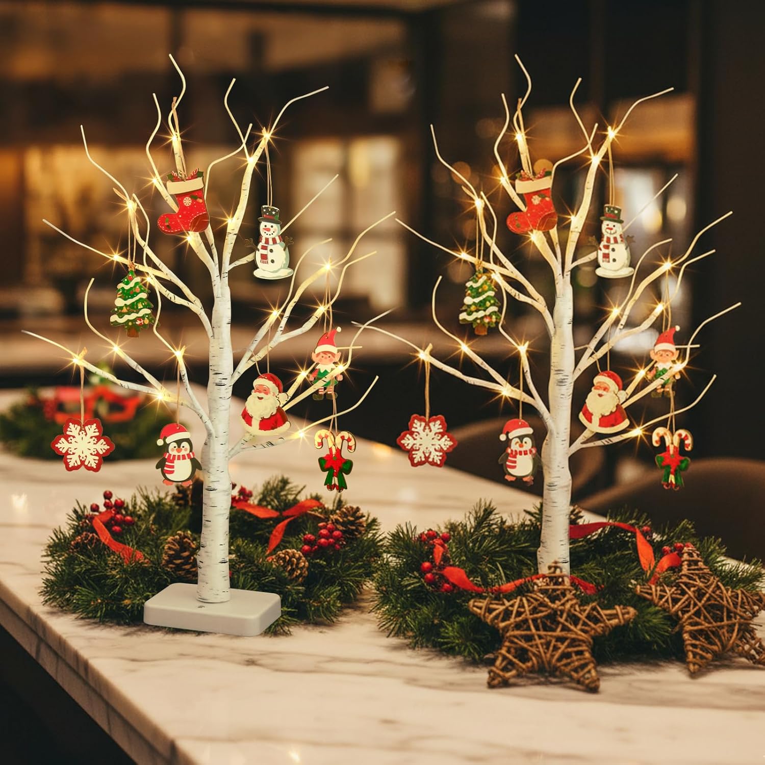 EAMBRITE Home Decorations Light Up White Birch Tree Indoor Christmas Decor, 4 Pack Battery Operated/USB Lighted Tabletop Money Tree Lamp Led Lights Xmas Wedding Centerpiece Table Room (2 Ft)