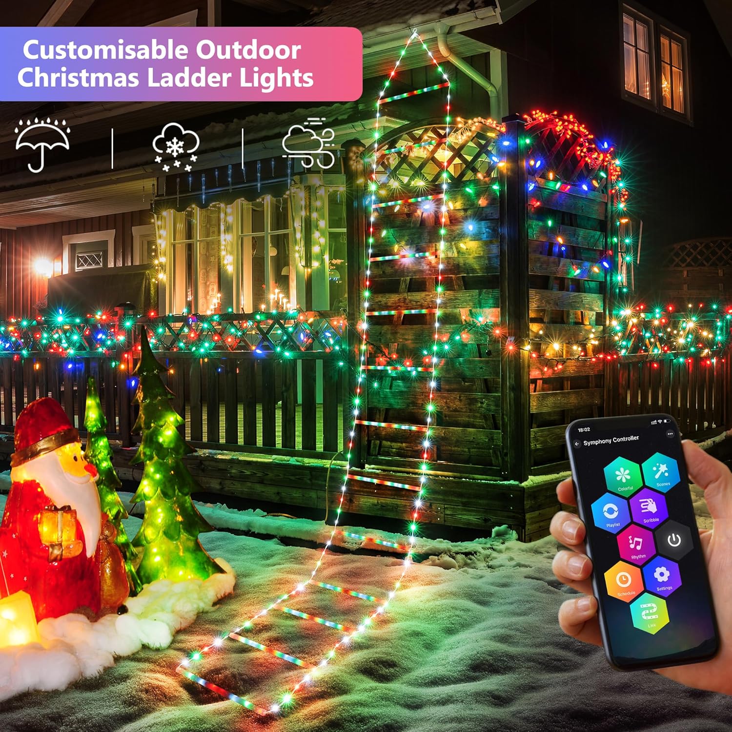 Toodour LED Christmas Lights - 10ft Christmas Decorative Ladder Lights with Santa Claus, Xmas Decorations Light for Indoor Outdoor, Window, Garden, Home, Wall, Xmas Tree Decor - Multicolor