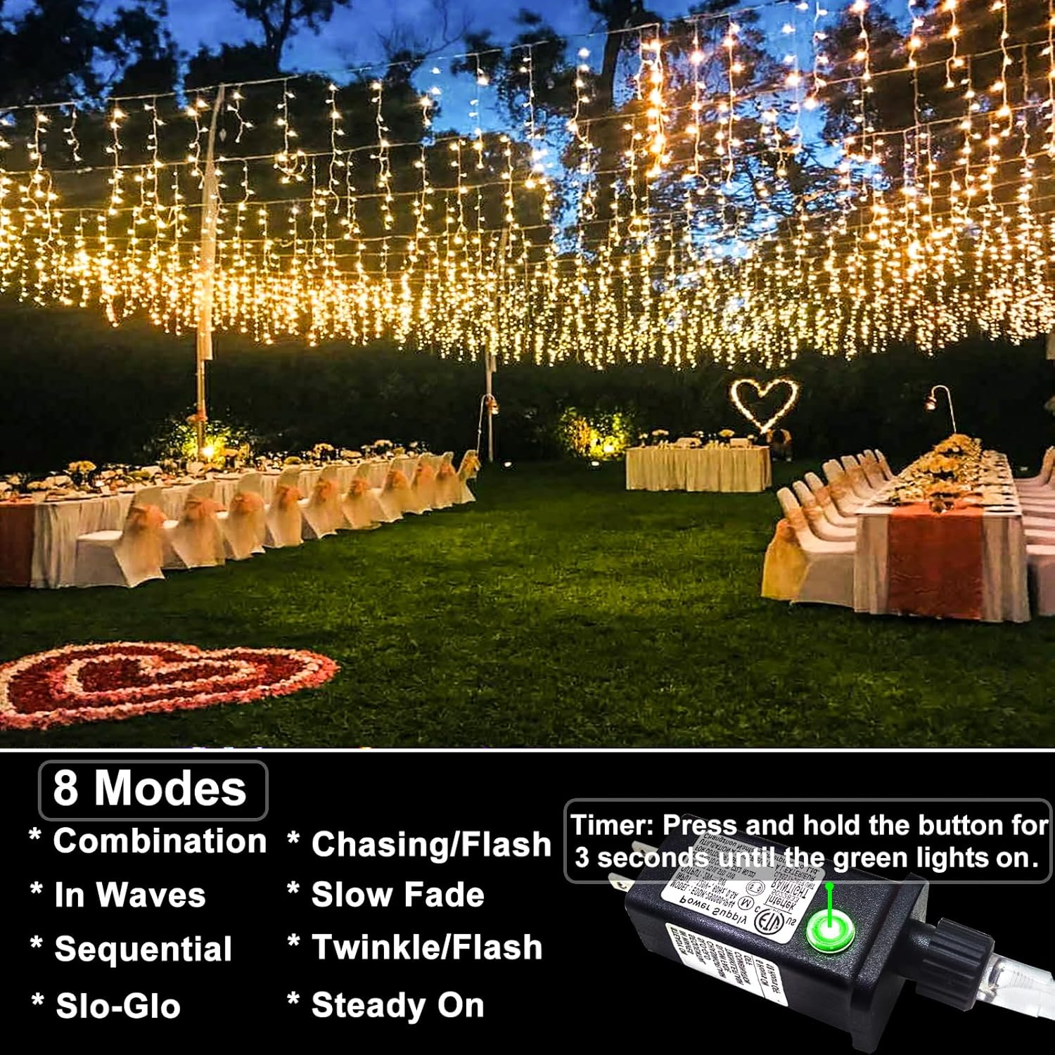 66ft Icicle Lights for Outside - 640 LED Christmas Lights Outdoor with 120 Drops 8 Modes, Plug in Twinkle Light Outside for Holiday Wedding Party Tree Room Indoor Thanksgiving Decoration, Warm White