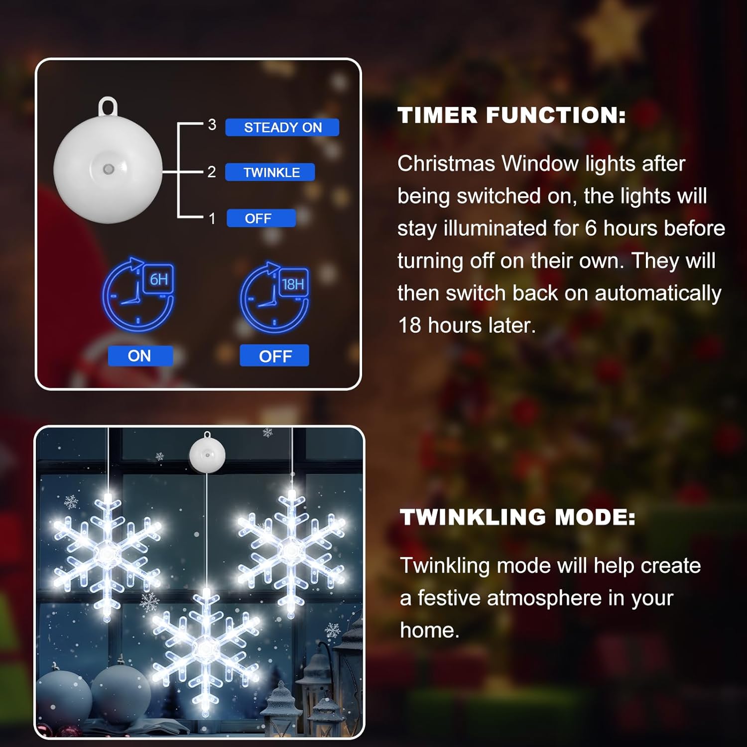 LYUBASA 3Pack Christmas Window Lights Decorations with Timer, Battery Powered Christmas Hanging White Lighted Snowflake Shaped LED Sucker for Xmas Lamp Tree Fireplace Indoor Decor