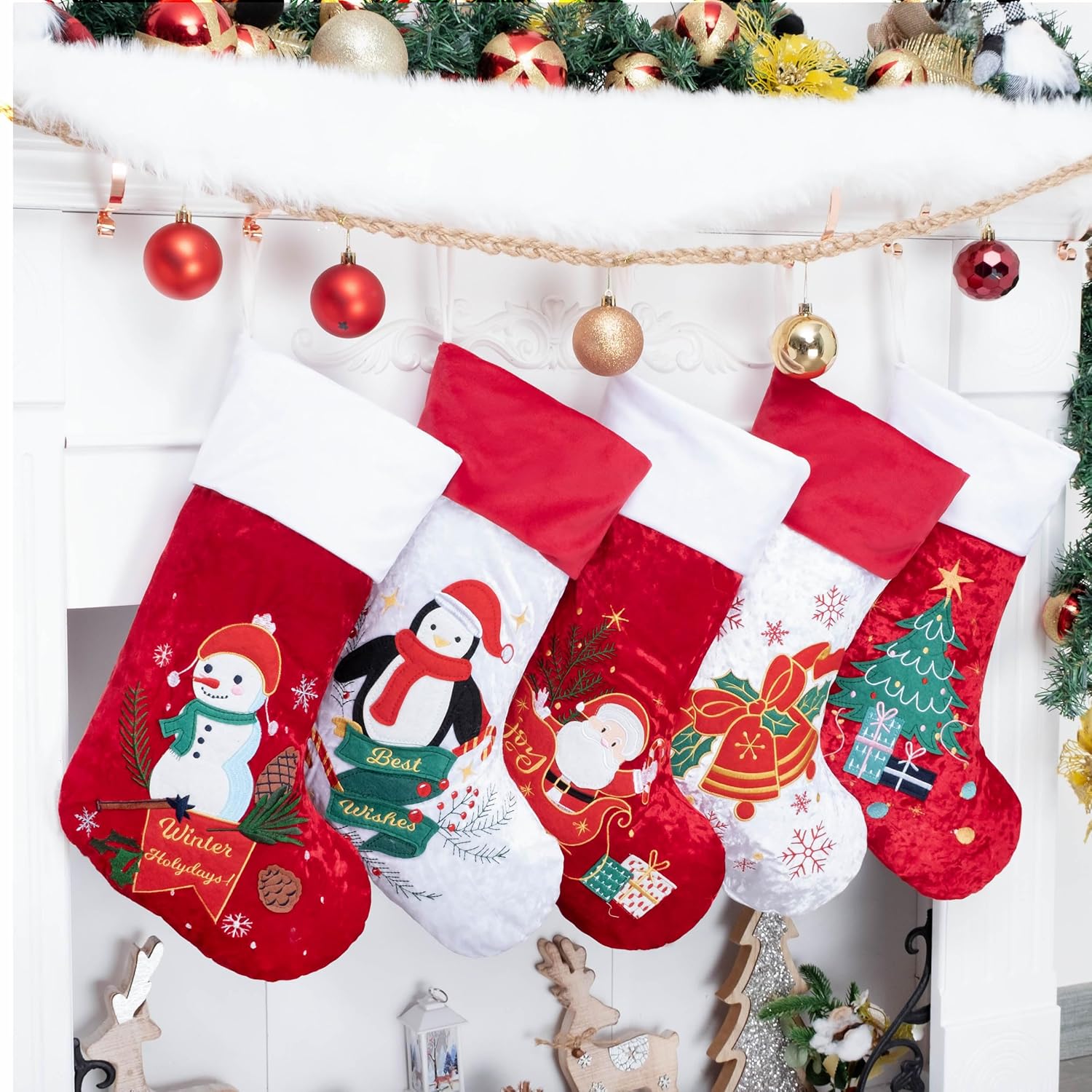 LUBOT Set of 8 Christmas Stocking(20inch) Silhouette Buffalo Red Plaid/Rustic/Farmhouse/Country Cotton Fireplace Hanging Xmas Stockings Decorations for Family Holiday Season Decor