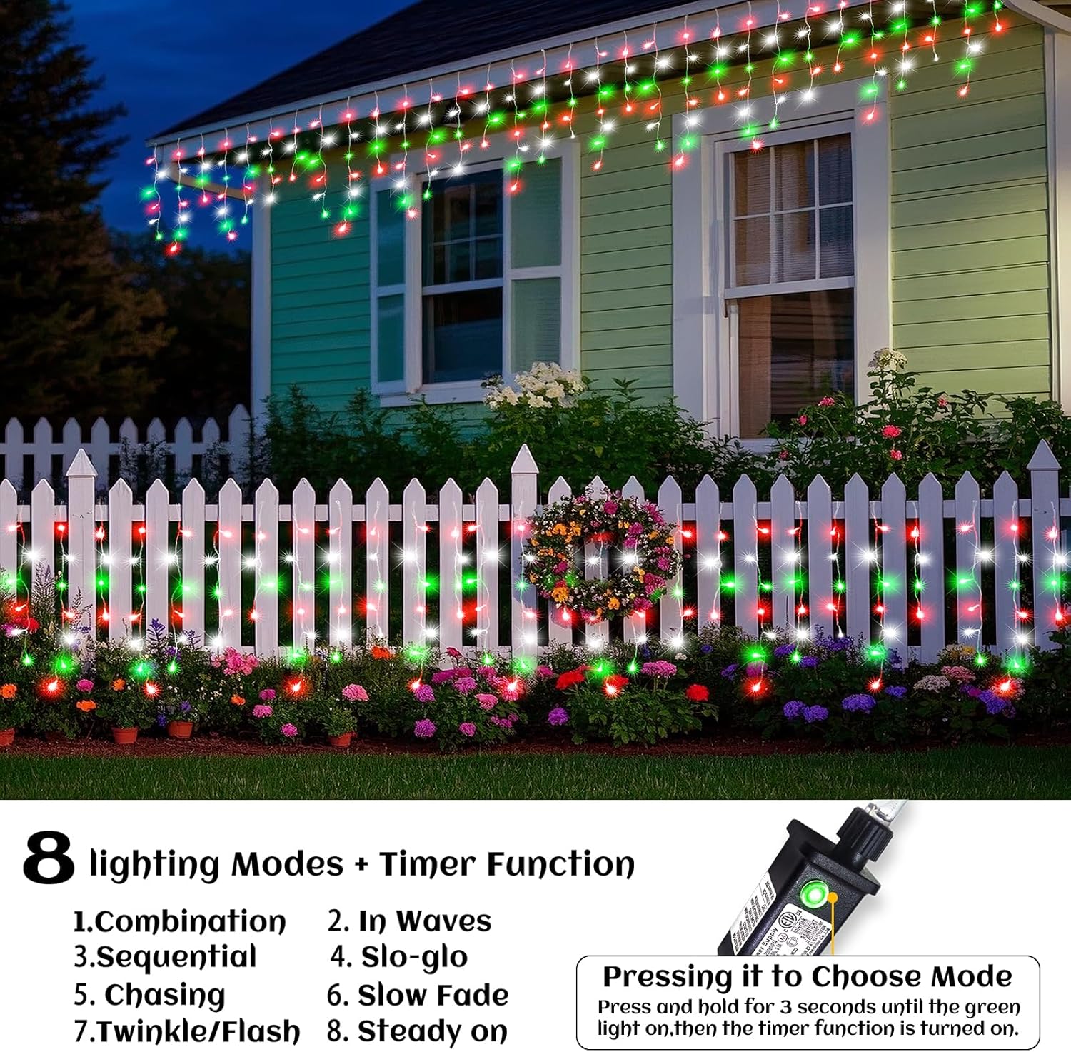66ft Icicle Lights for Outside - 640 LED Christmas Lights Outdoor with 120 Drops 8 Modes, Plug in Twinkle Light Outside for Holiday Wedding Party Tree Room Indoor Thanksgiving Decoration, Warm White