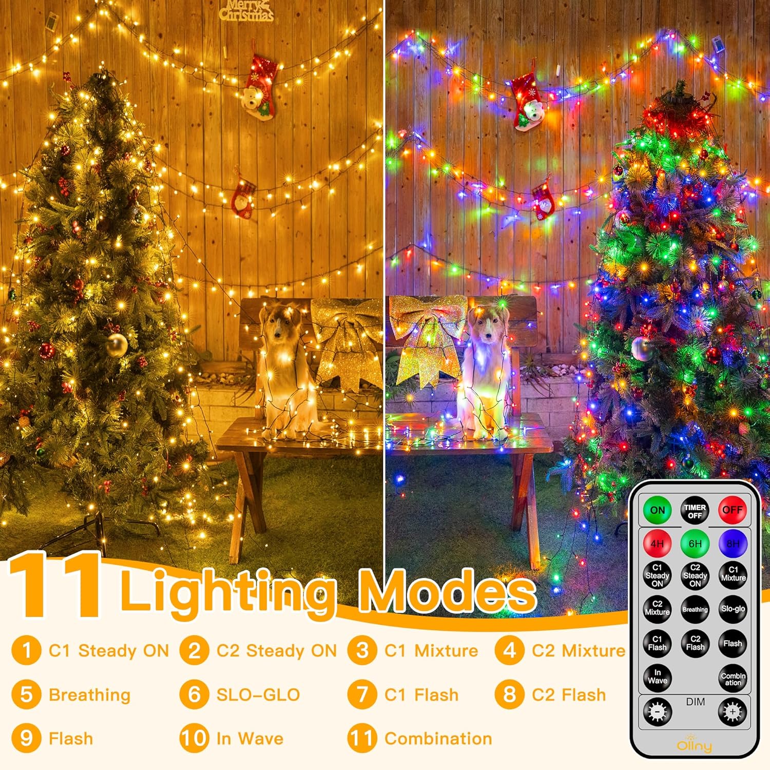 Ollny Christmas Lights, 210FT 640LED Christmas Tree Lights with 11 Modes Remote Control IP44 Waterproof Warm White to Multicolored Outdoor Christmas Lights for Outside Indoor Patio Xmas Decorations