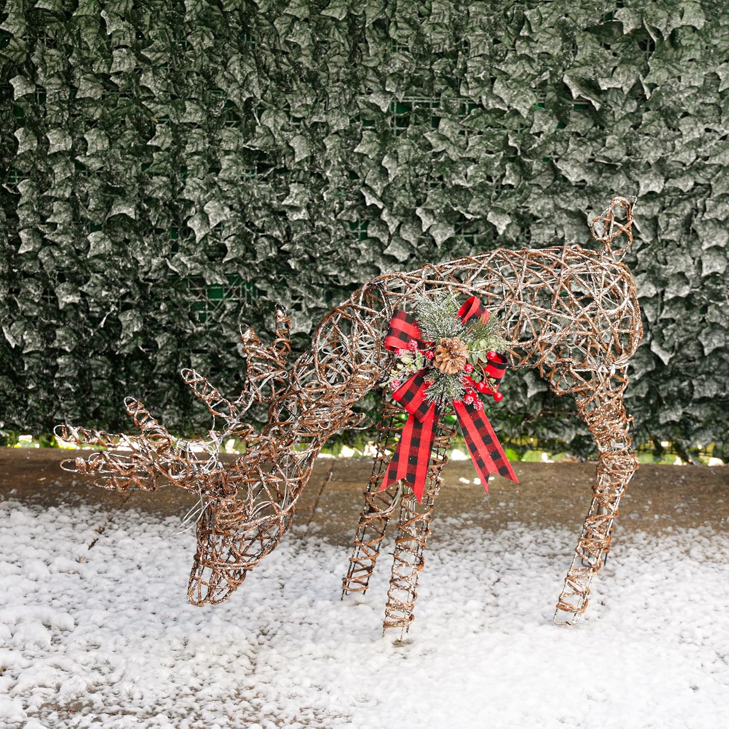 Alpine Corporation 24 Tall Outdoor Rattan Grazing Reindeer Lawn Decoration with White LED Lights, Christmas Yard Decor, Holiday Garden Display