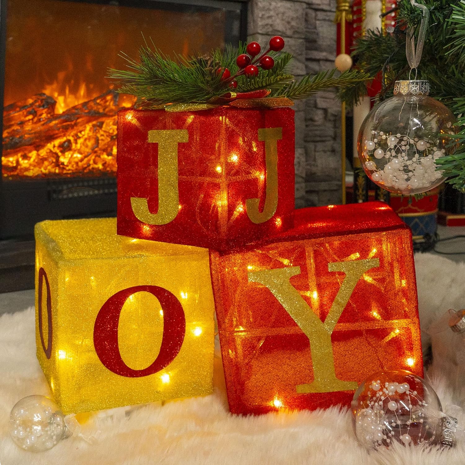 Hourleey Set of 3 Christmas Lighted Gift Boxes, Pre-lit 60 LED Light Up Present Boxes Ornament Outdoor Warm White Tinsel Boxes Decoration for Indoor Christmas Home Yard Lawn Decor